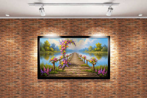 pier and nature view by the river with colorful flowers model 2, view, ai art, art, kanvas tablo