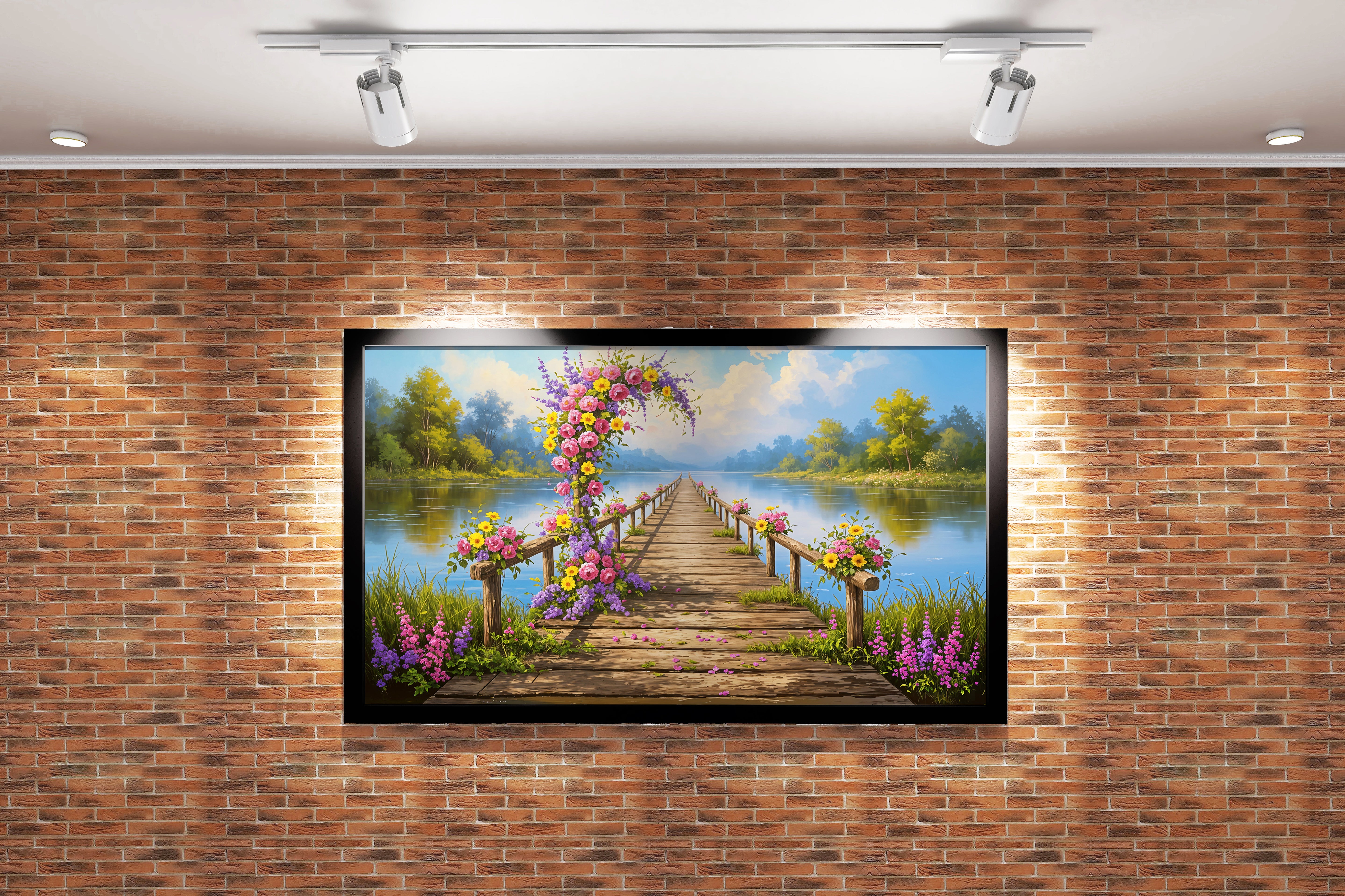 pier and nature view by the river with colorful flowers model 2, view, ai art, art, kanvas tablo