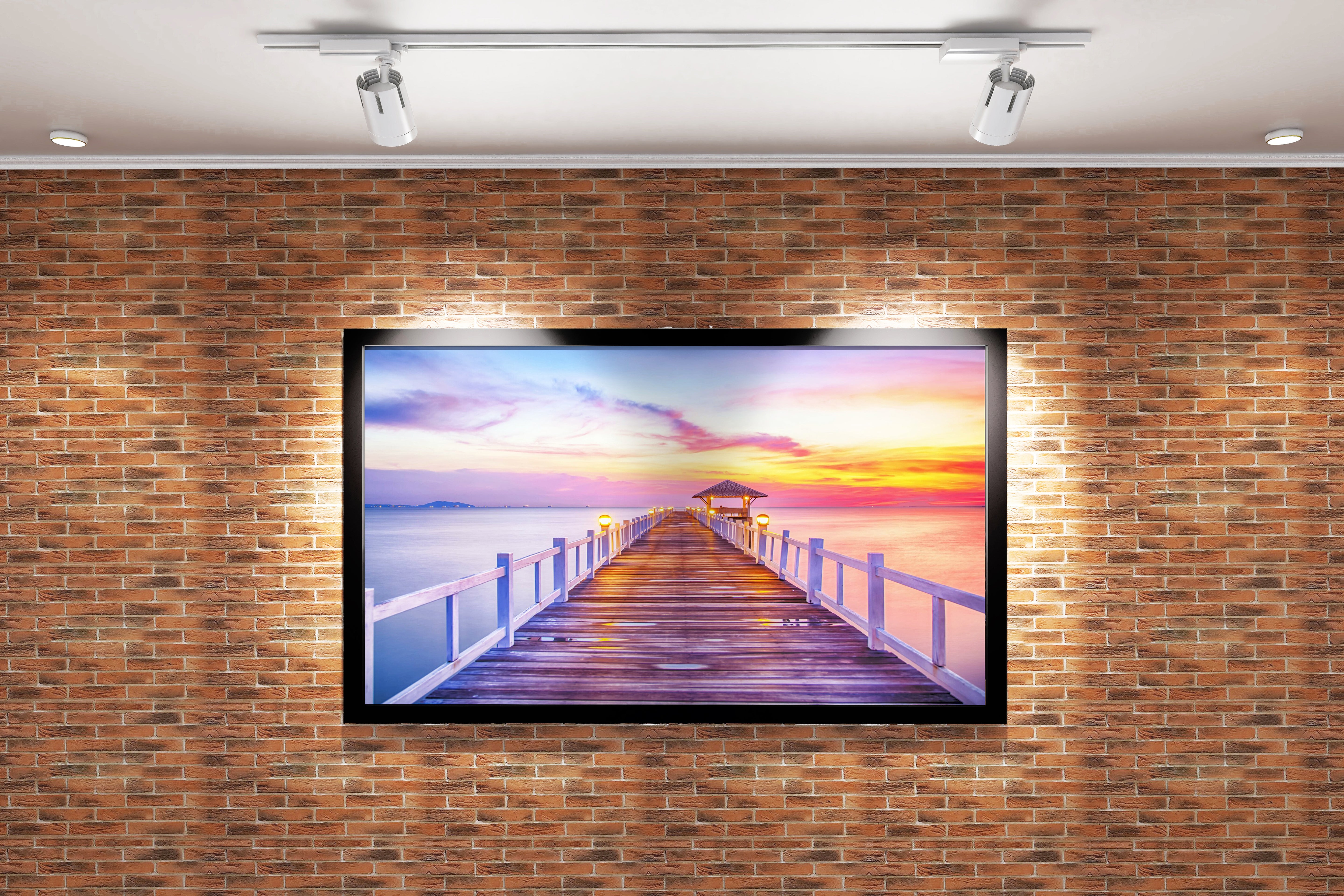 a peaceful wooden pier with glowing lamps leading to a vibrant ocean sunset, view, art, kanvas tablo