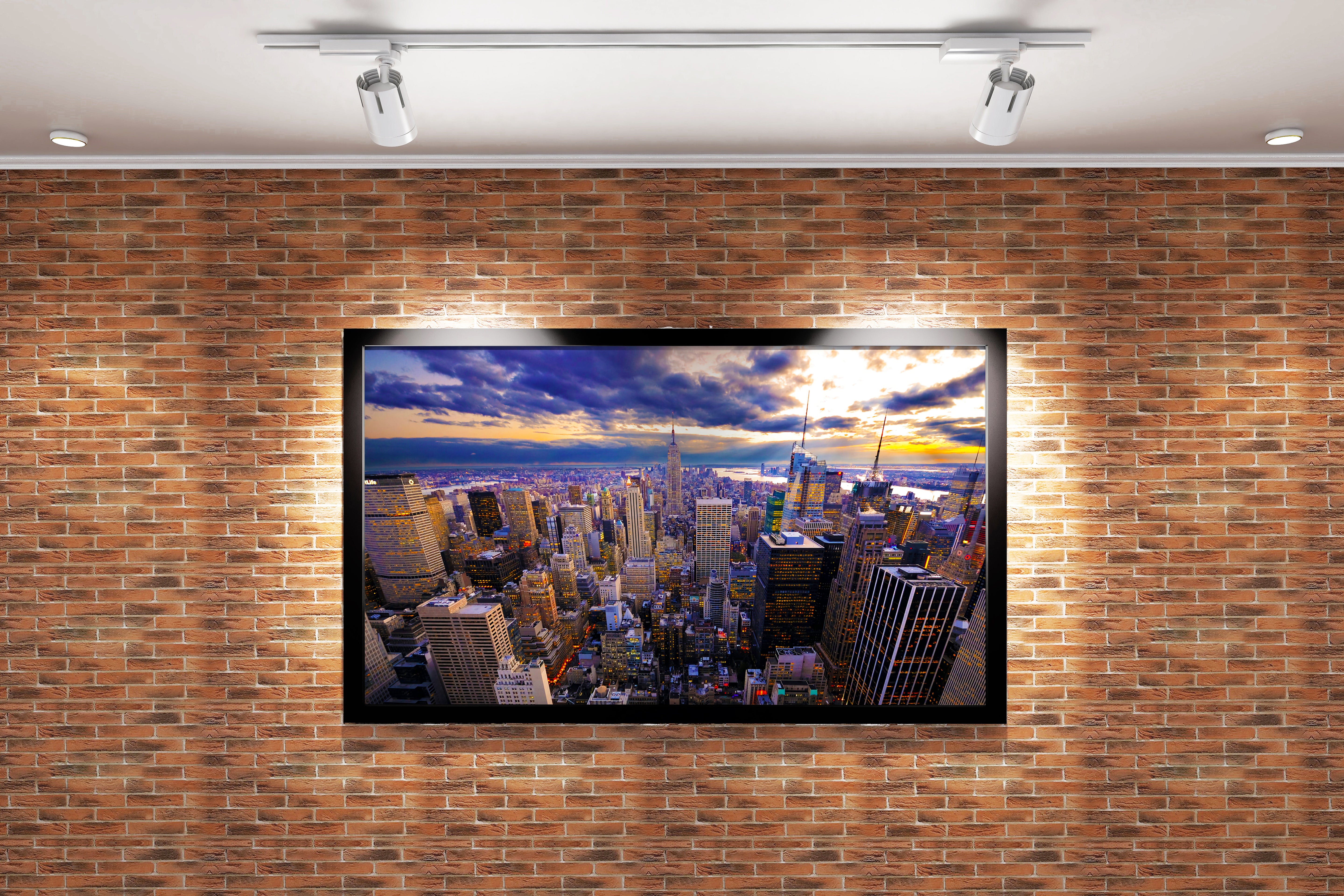 new york city at sunset, with dramatic sunbeams breaking through dark clouds, view, art, kanvas tablo