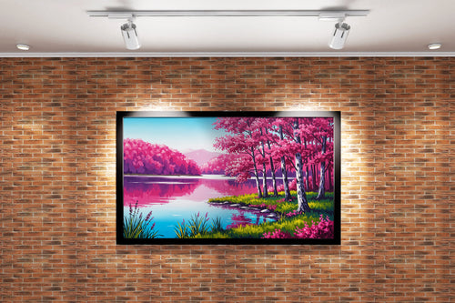 pink themed forest and river, view, art, kanvas tablo