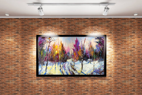 a vibrant palette knife painting of a snowy forest path at sunrise, view, art, kanvas tablo