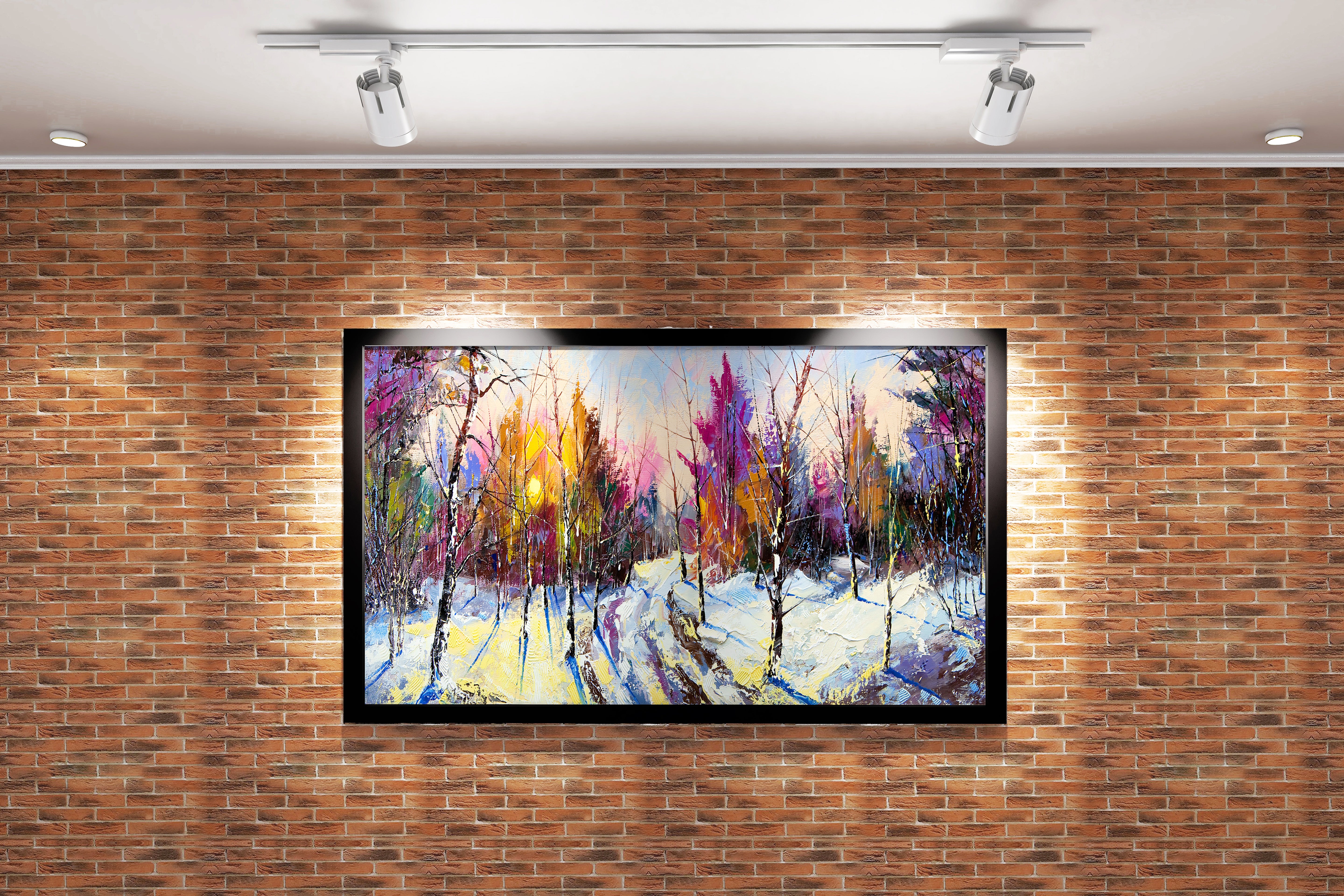 a vibrant palette knife painting of a snowy forest path at sunrise, view, art, kanvas tablo