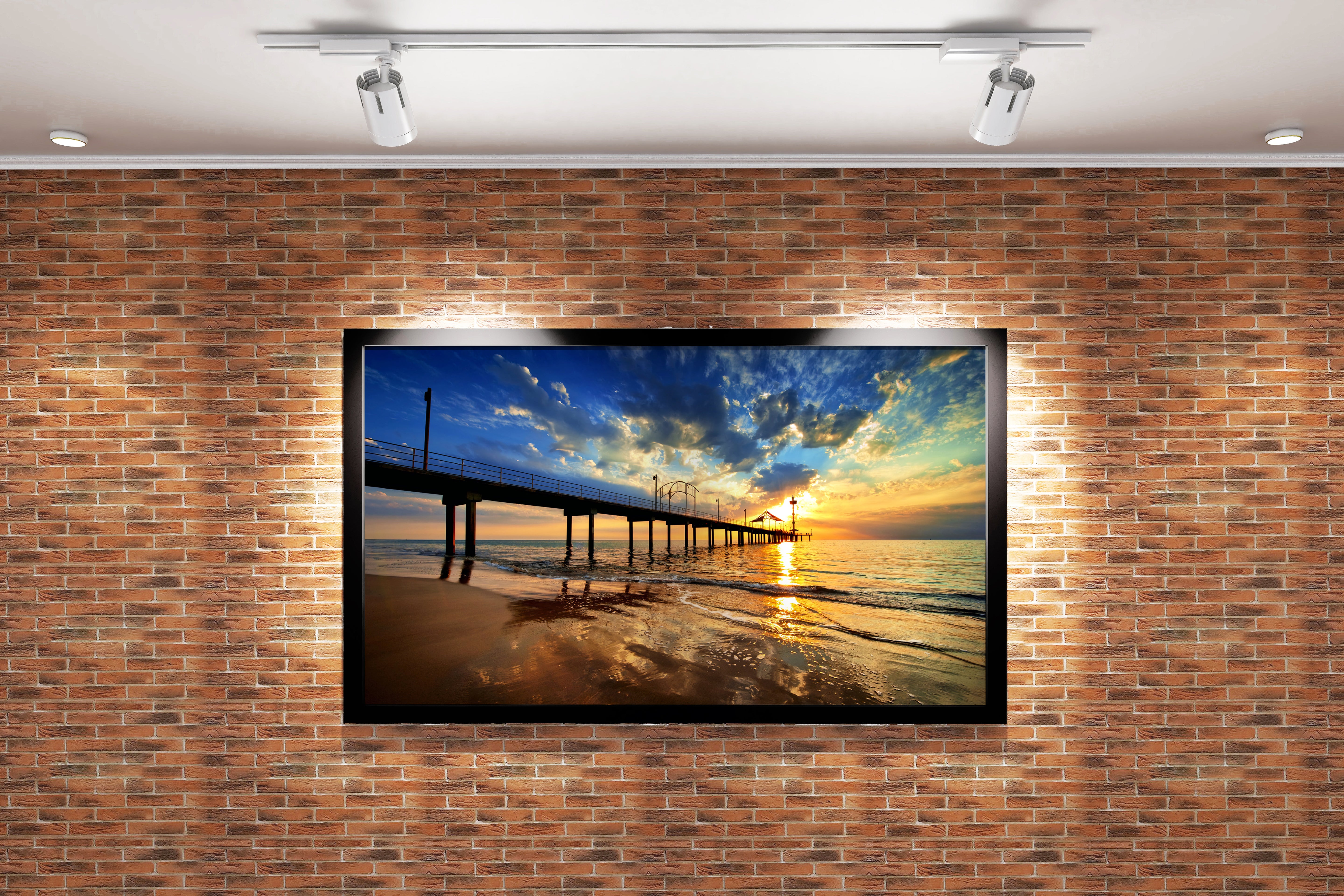 a pier on a beach under a dramatic sunset with golden reflections, view, art, kanvas tablo