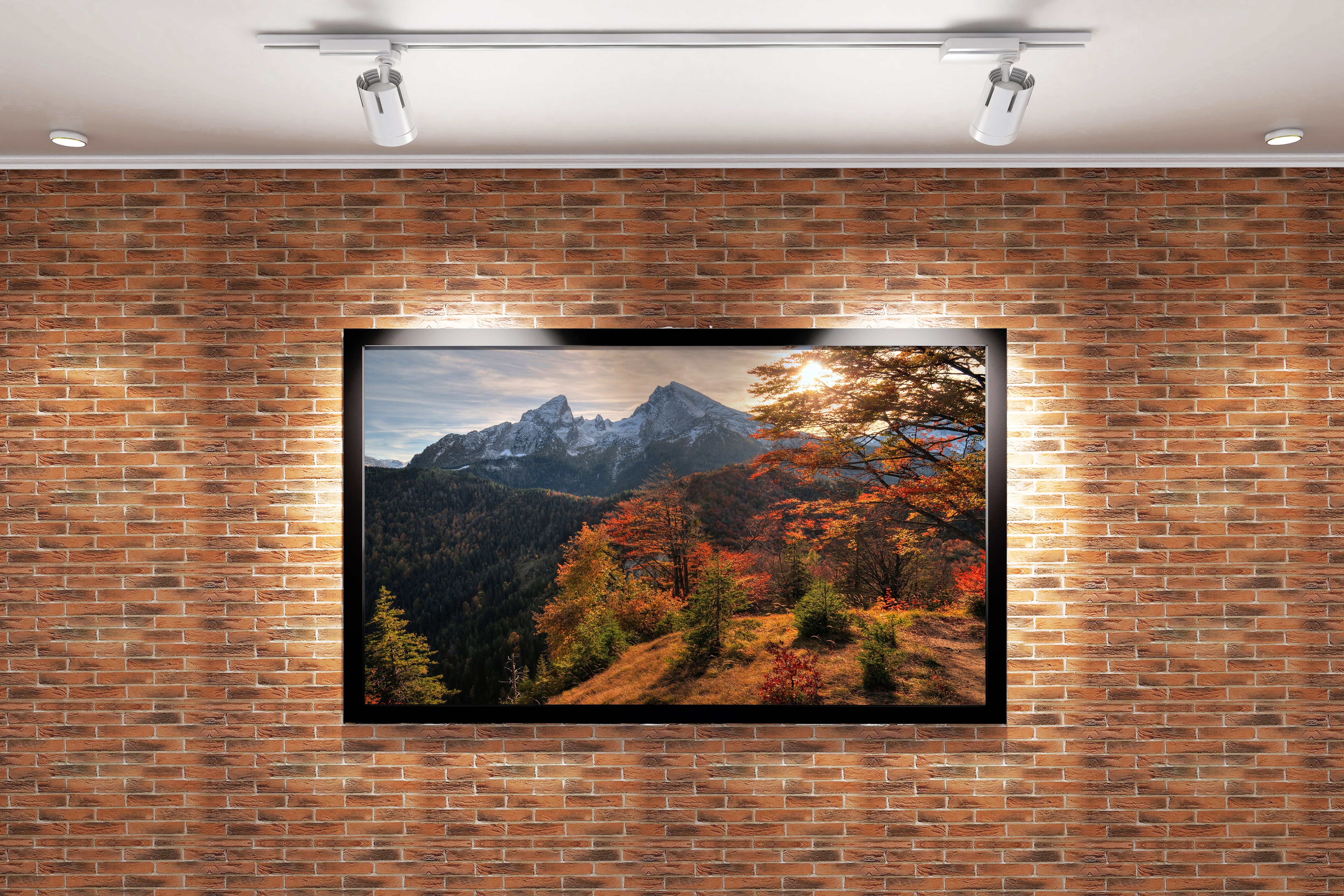 a majestic snow-capped mountain peak rising above a vibrant autumn forest, view, art, kanvas tablo