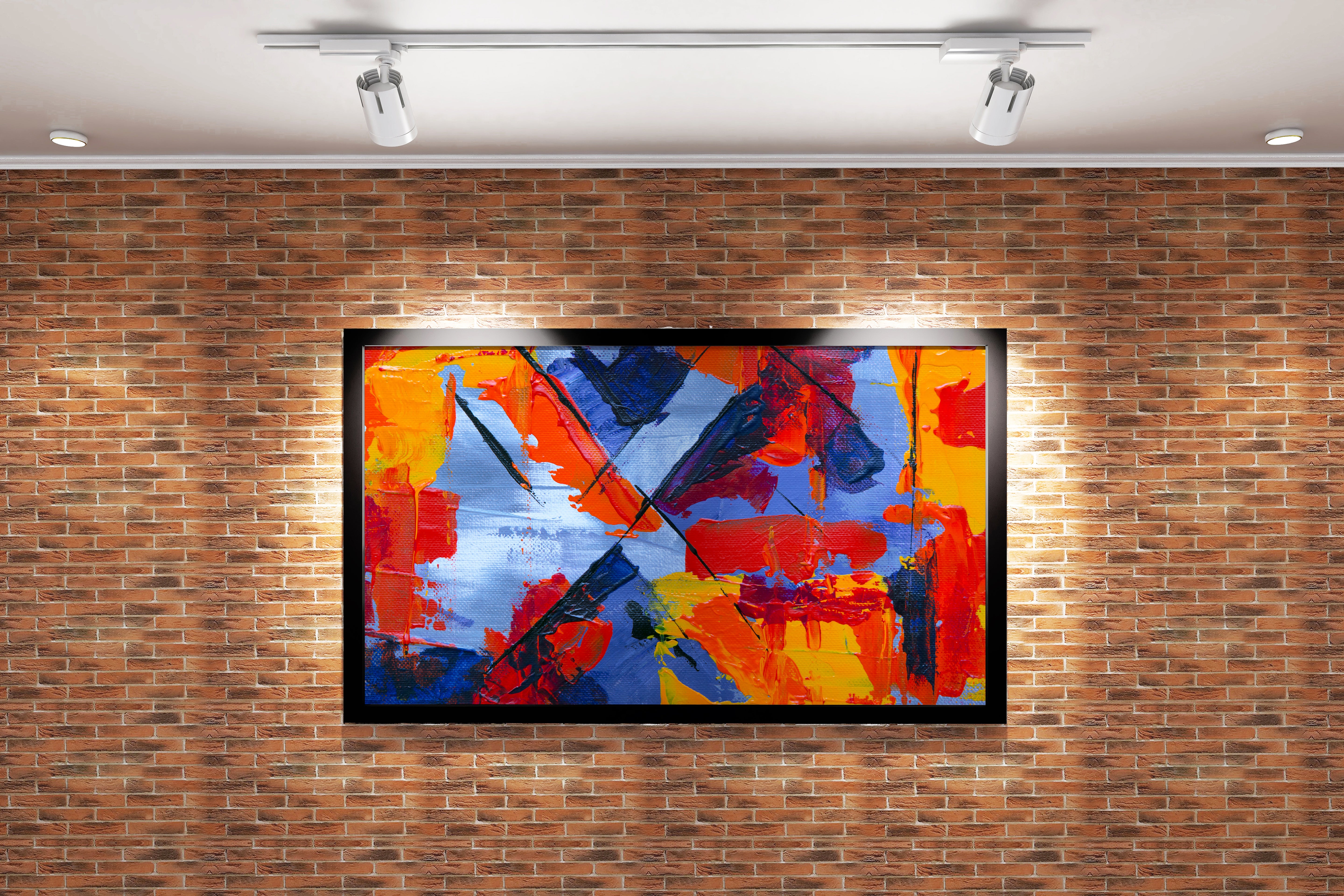 an abstract painting on canvas with clashing diagonal lines and vibrant primary colors, abstract, art, kanvas tablo