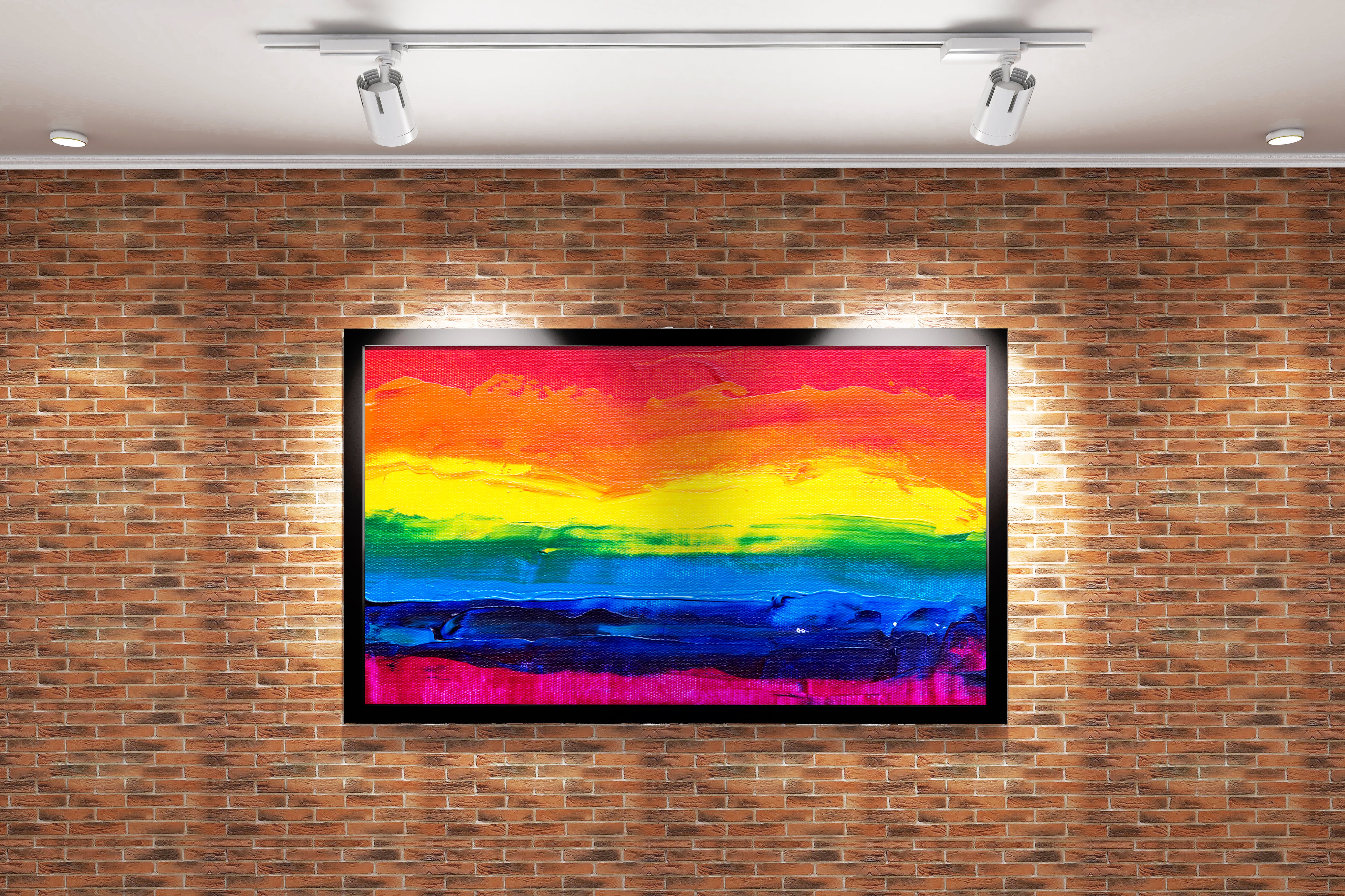 a close-up of a thickly painted rainbow flag on a textured canvas background, abstract, art, kanvas tablo