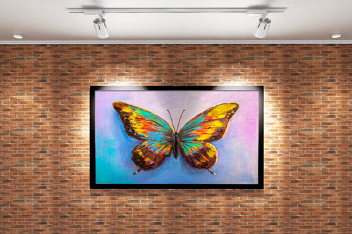 a vibrant, textured palette knife painting of a single colorful butterfly, flower motif, art, kanvas tablo