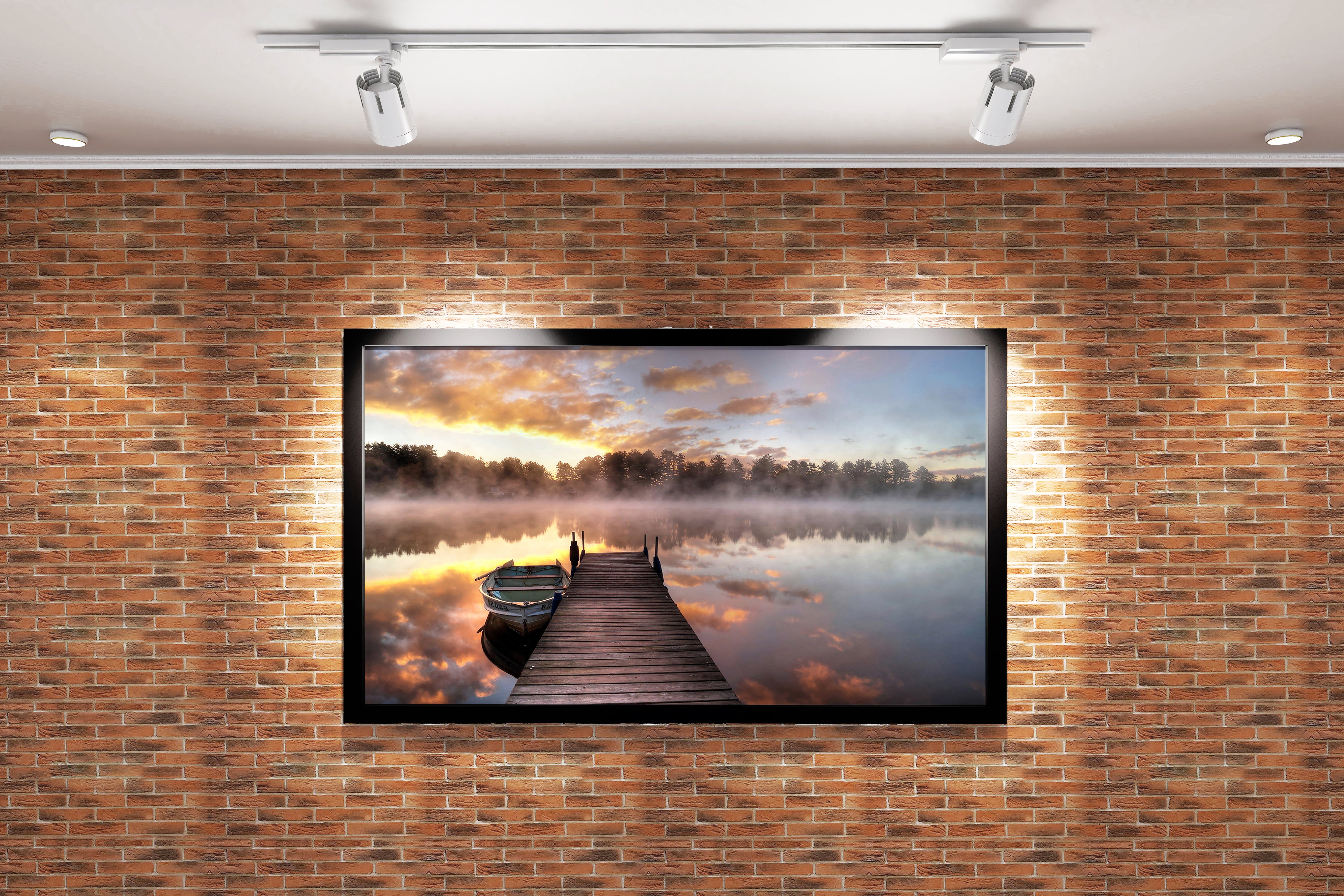 a serene, misty lake at sunrise, with a small boat tied to a pier, view, art, kanvas tablo
