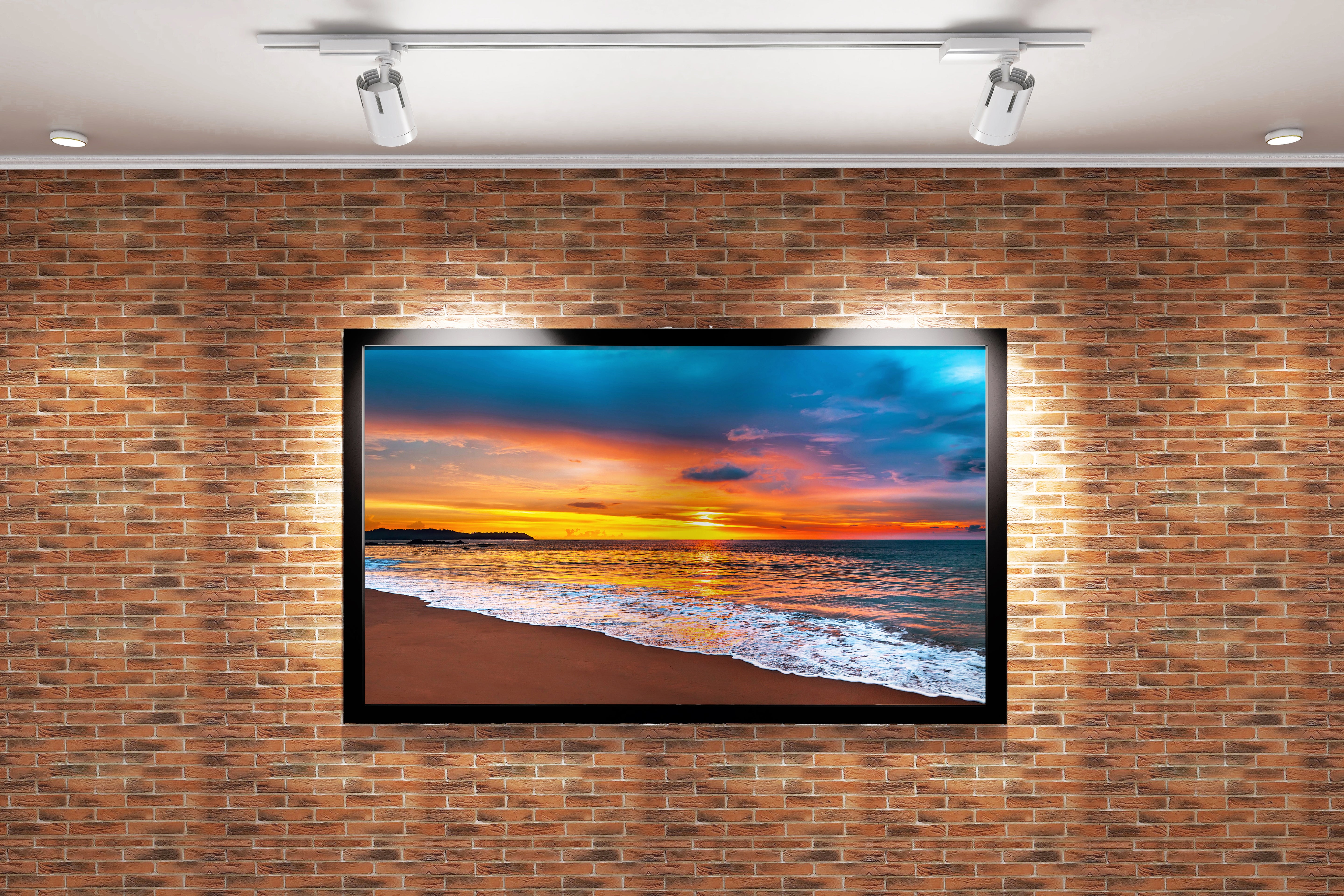 a fiery orange sunset meets a dark blue sky over a beach, view, art, kanvas tablo