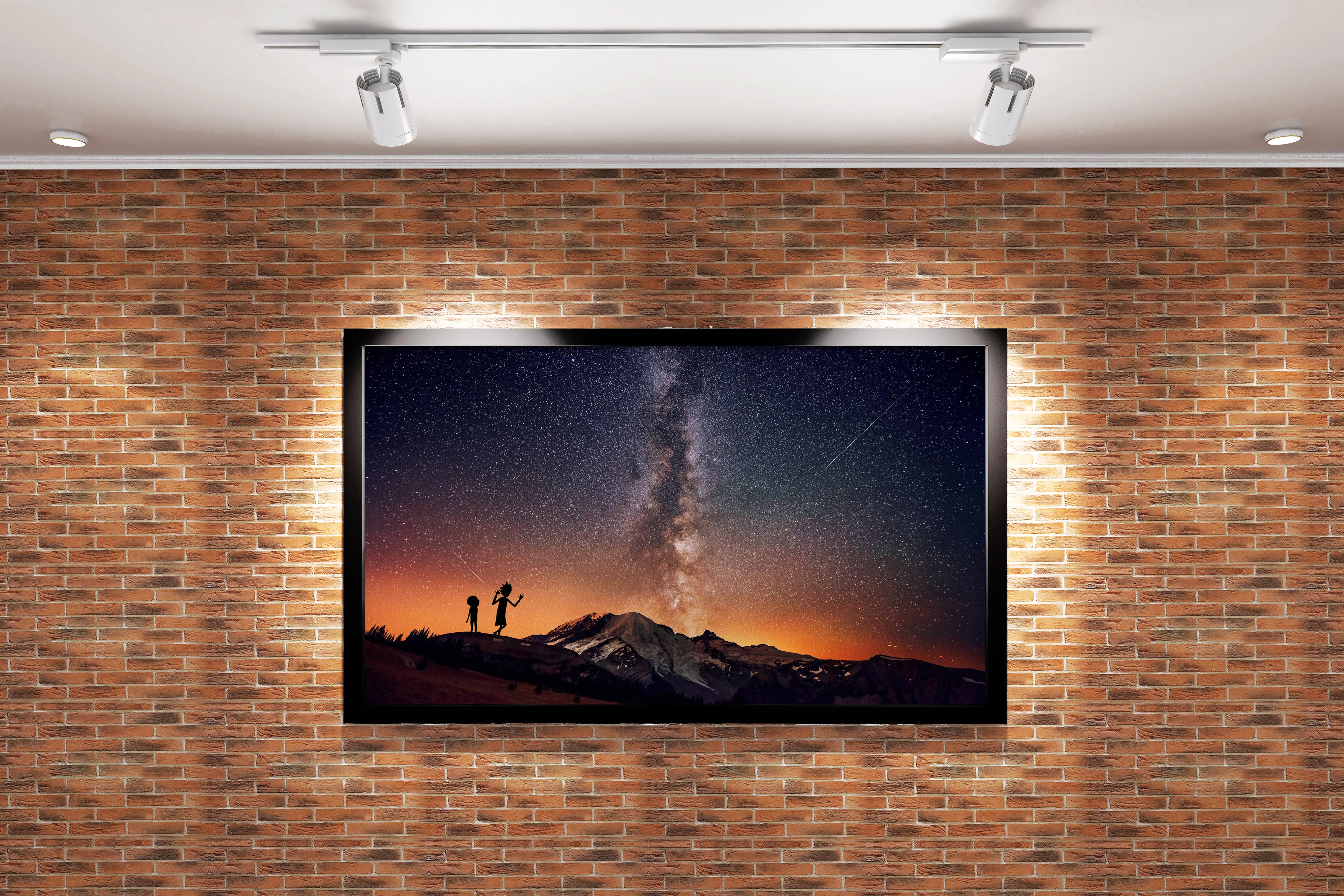 rick and morty as silhouettes watching the milky way over a mountain, anime, art, kanvas tablo