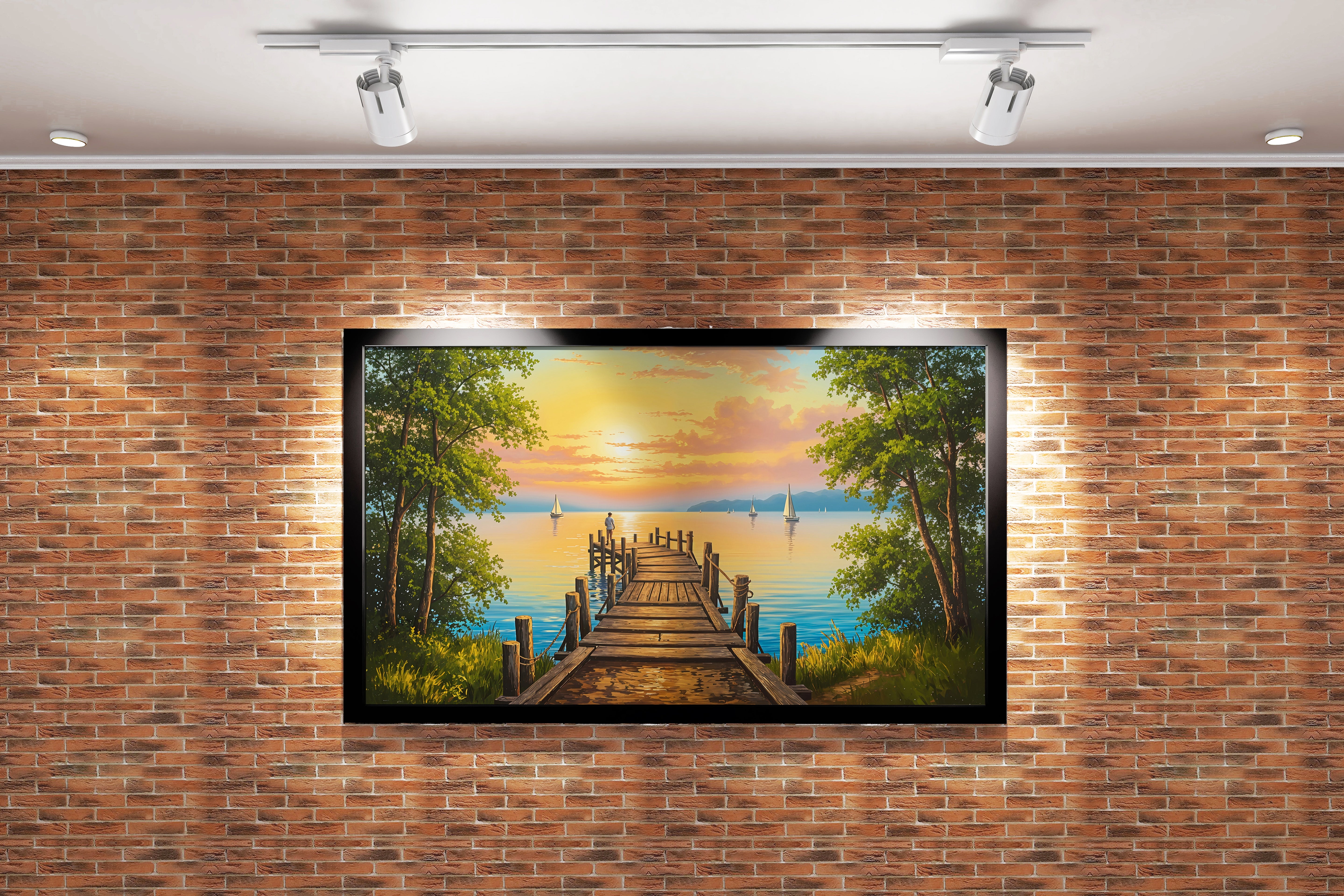 pier and nature view by the river with colorful flowers model 3, view, ai art, art, kanvas tablo