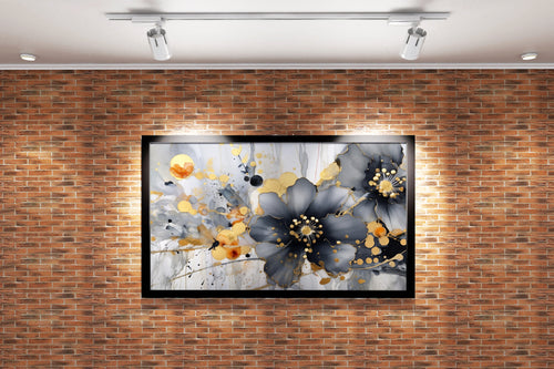an elegant alcohol ink painting of grey flowers with gold leaf details, flower motif, art, kanvas tablo