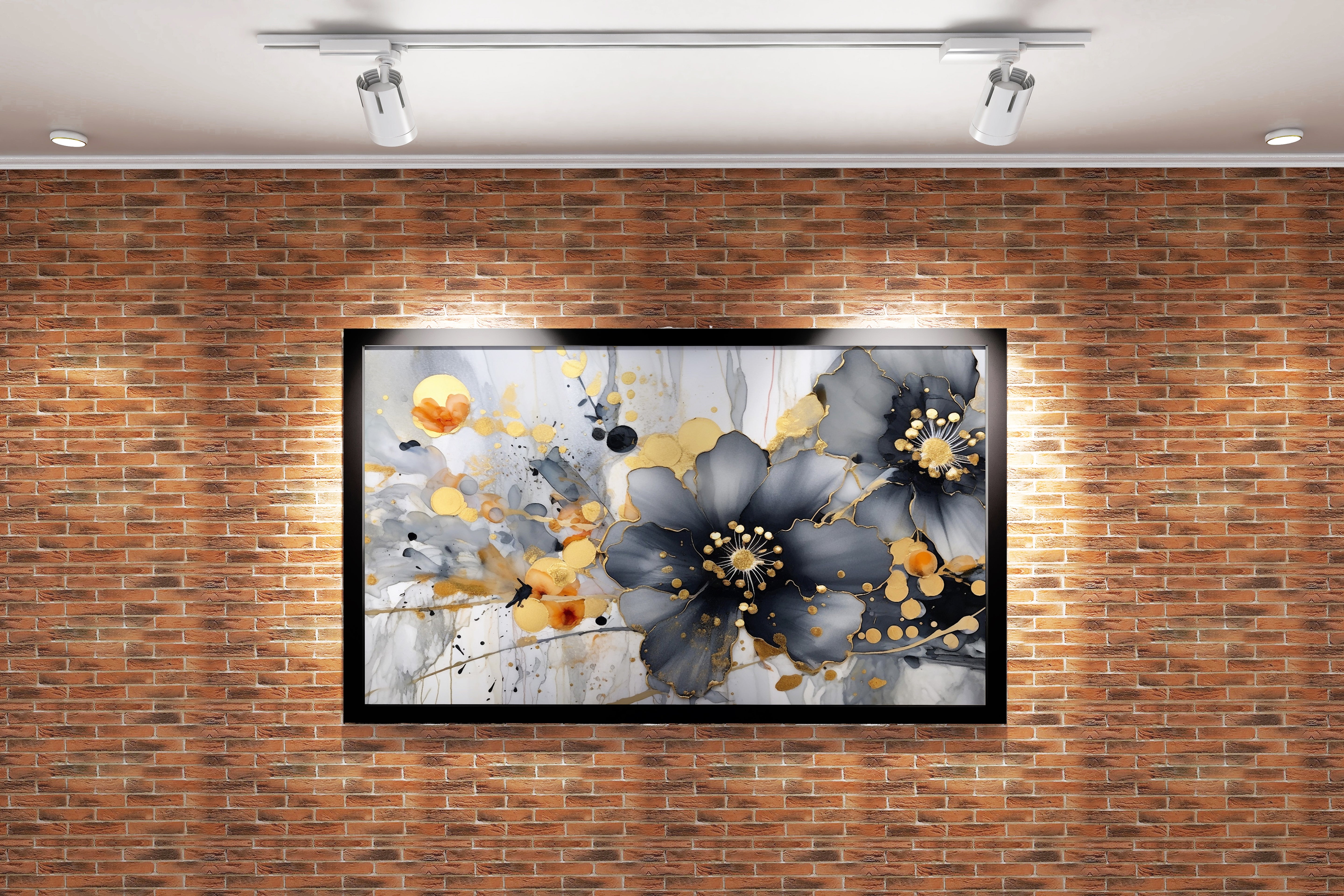 an elegant alcohol ink painting of grey flowers with gold leaf details, flower motif, art, kanvas tablo