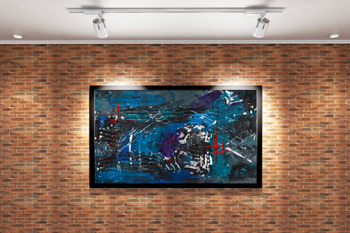a heavily textured dark abstract painting with deep blue tones and red linear accents, abstract, art, kanvas tablo