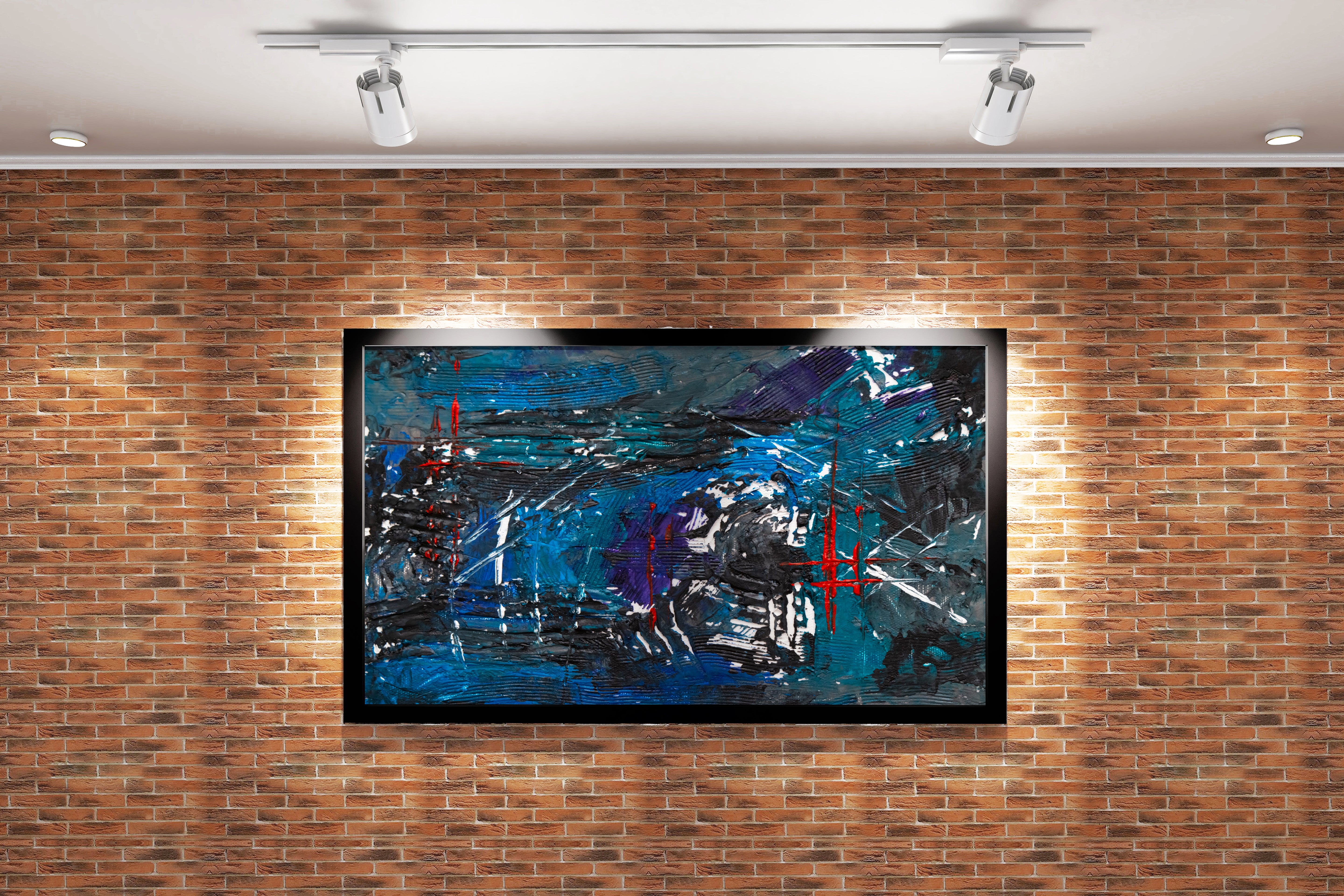 a heavily textured dark abstract painting with deep blue tones and red linear accents, abstract, art, kanvas tablo