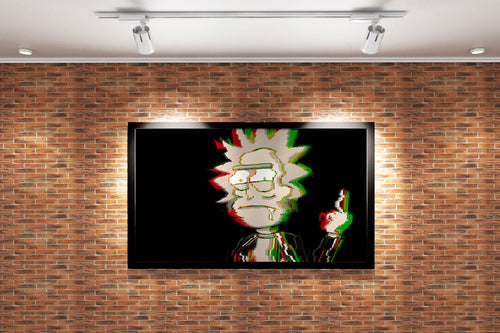 rick sanchez giving the middle finger, with a heavy glitch art effect, anime, art, kanvas tablo