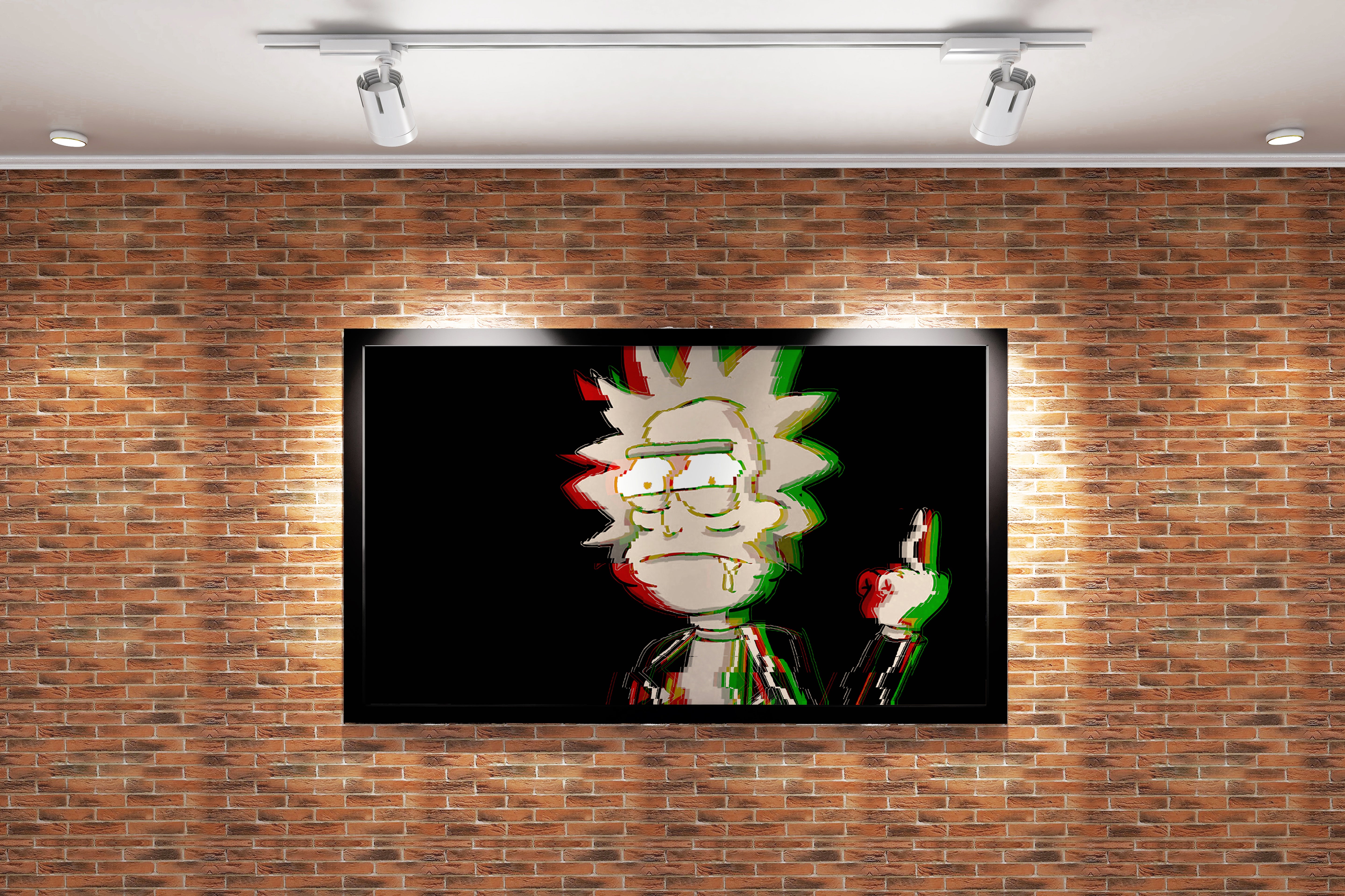rick sanchez giving the middle finger, with a heavy glitch art effect, anime, art, kanvas tablo