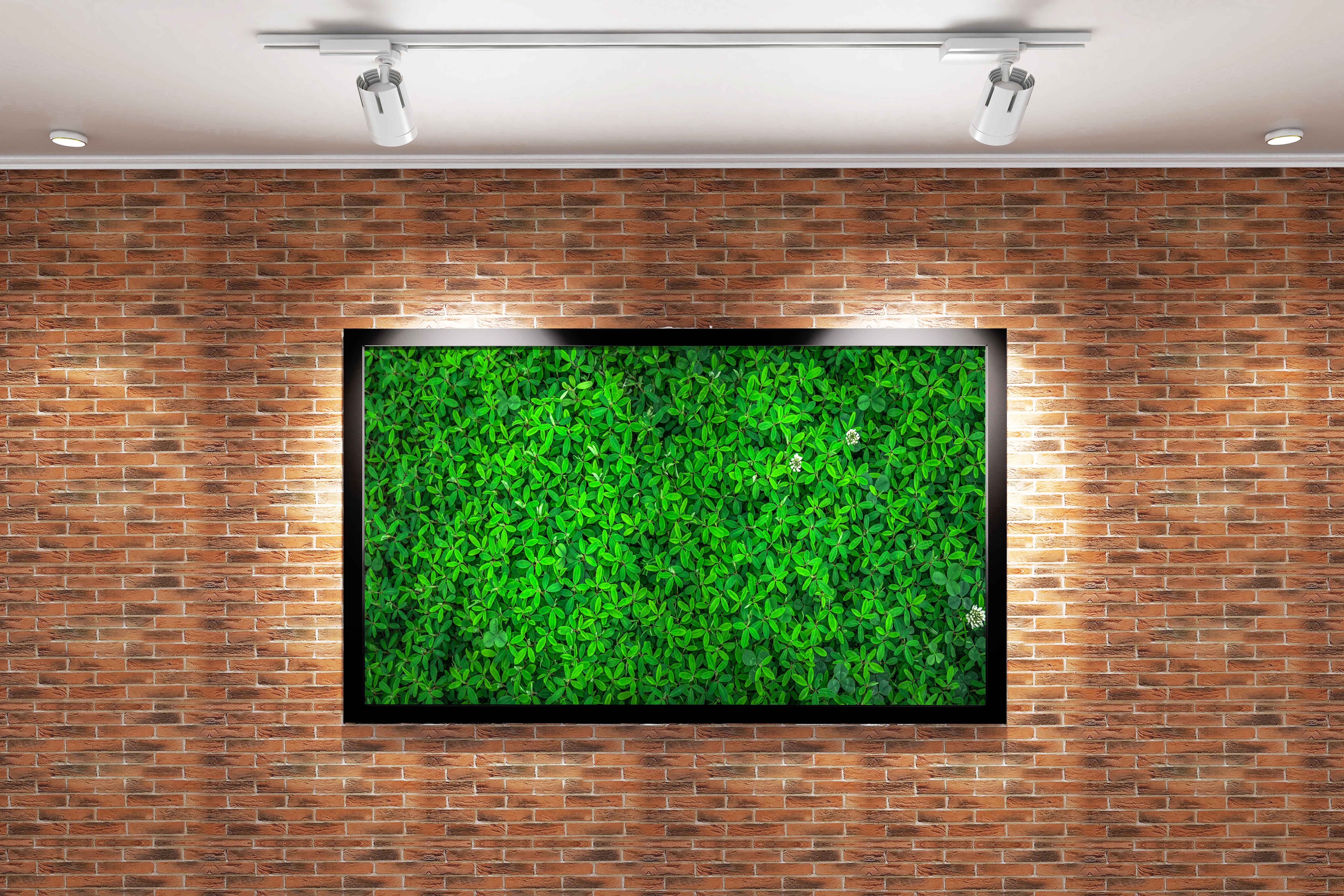 a top-down view of a dense carpet of vibrant green leaves and flowers, view, art, kanvas tablo