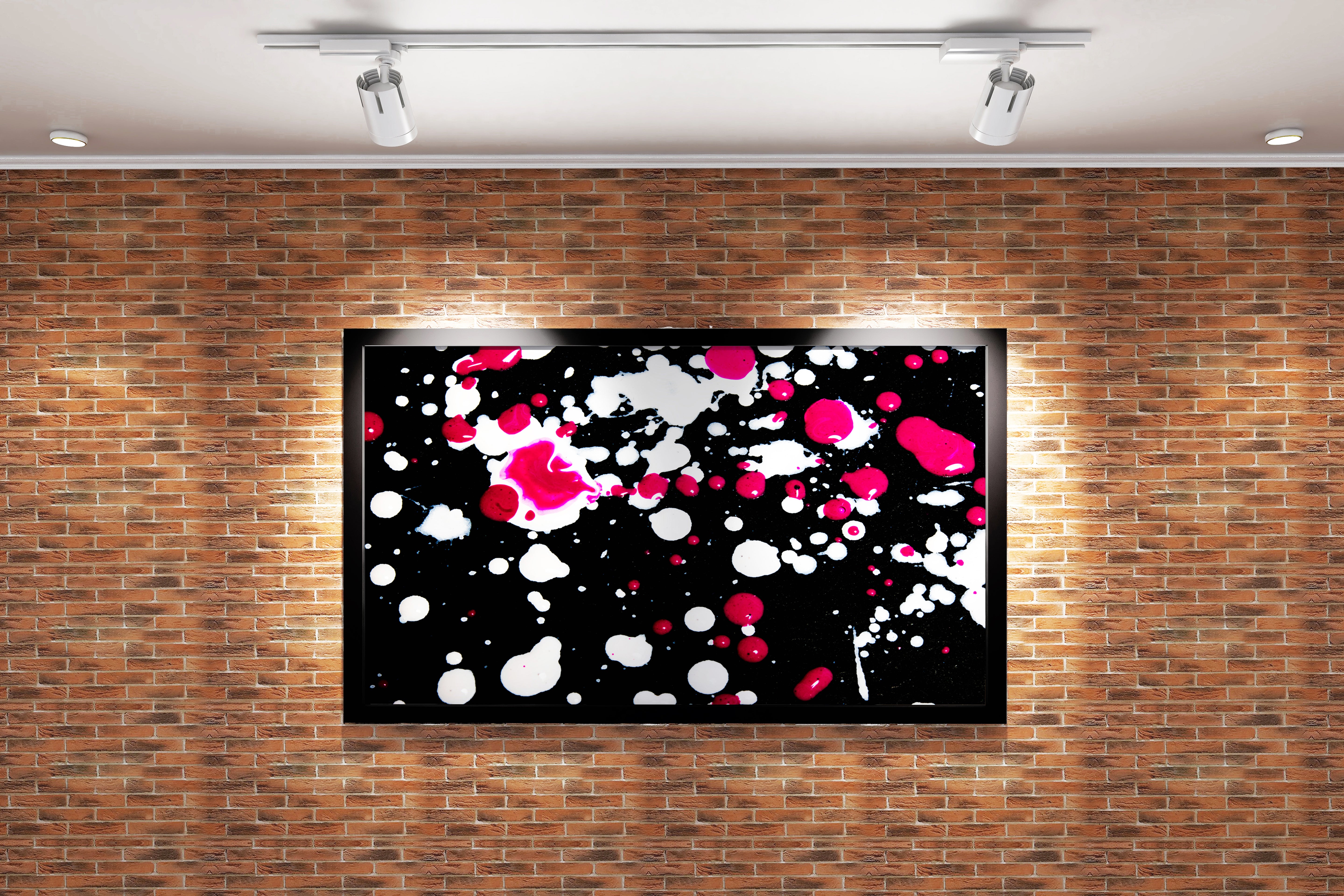 expressive action painting with vibrant pink and white splatters on a black canvas, abstract, art, kanvas tablo