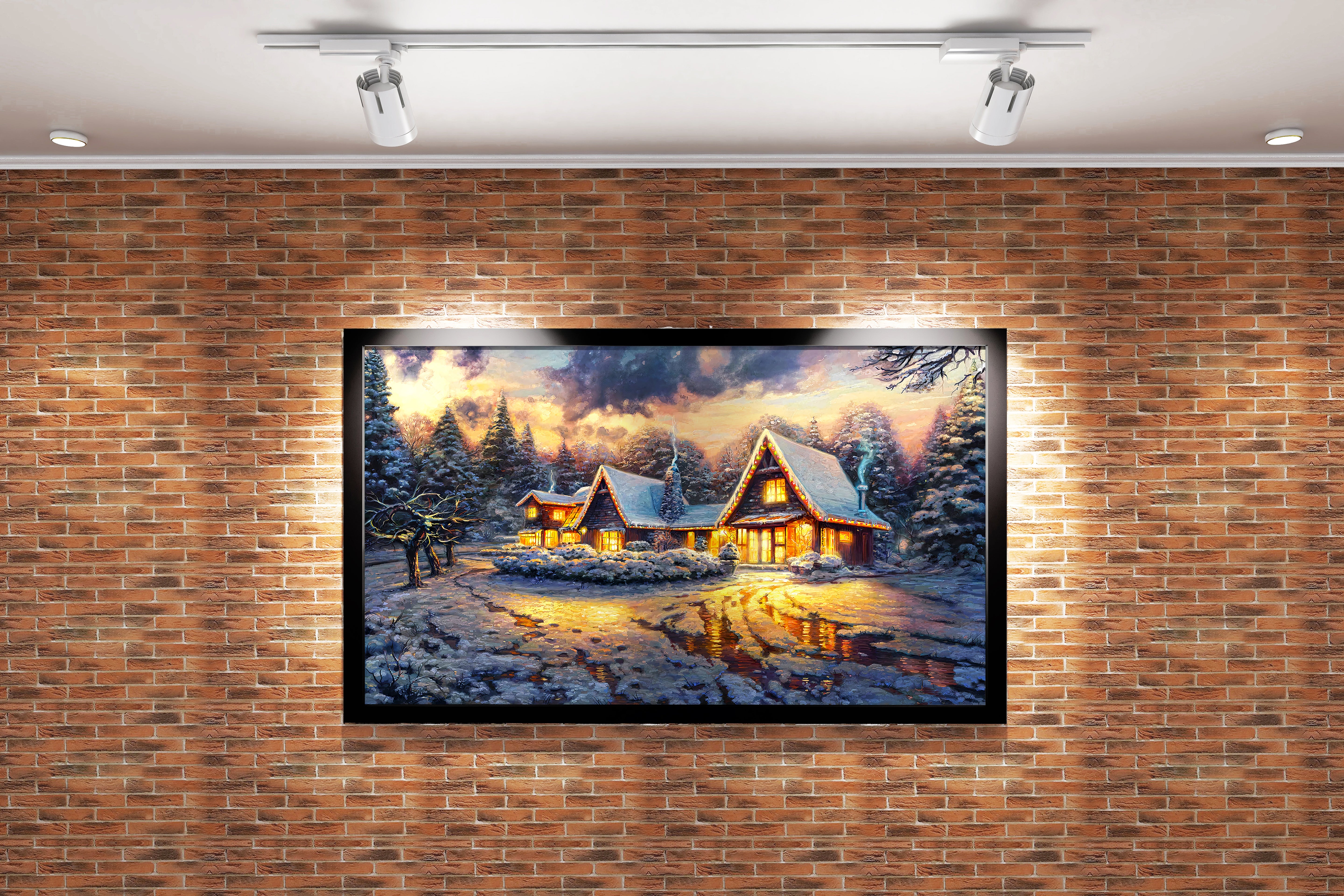 a cozy christmas cabin in a snowy forest, its warm light reflecting on ice, view, art, kanvas tablo