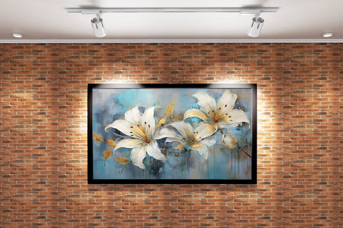 white lilies with gold leaf accents against a textured, dripping blue background, flower motif, art, kanvas tablo
