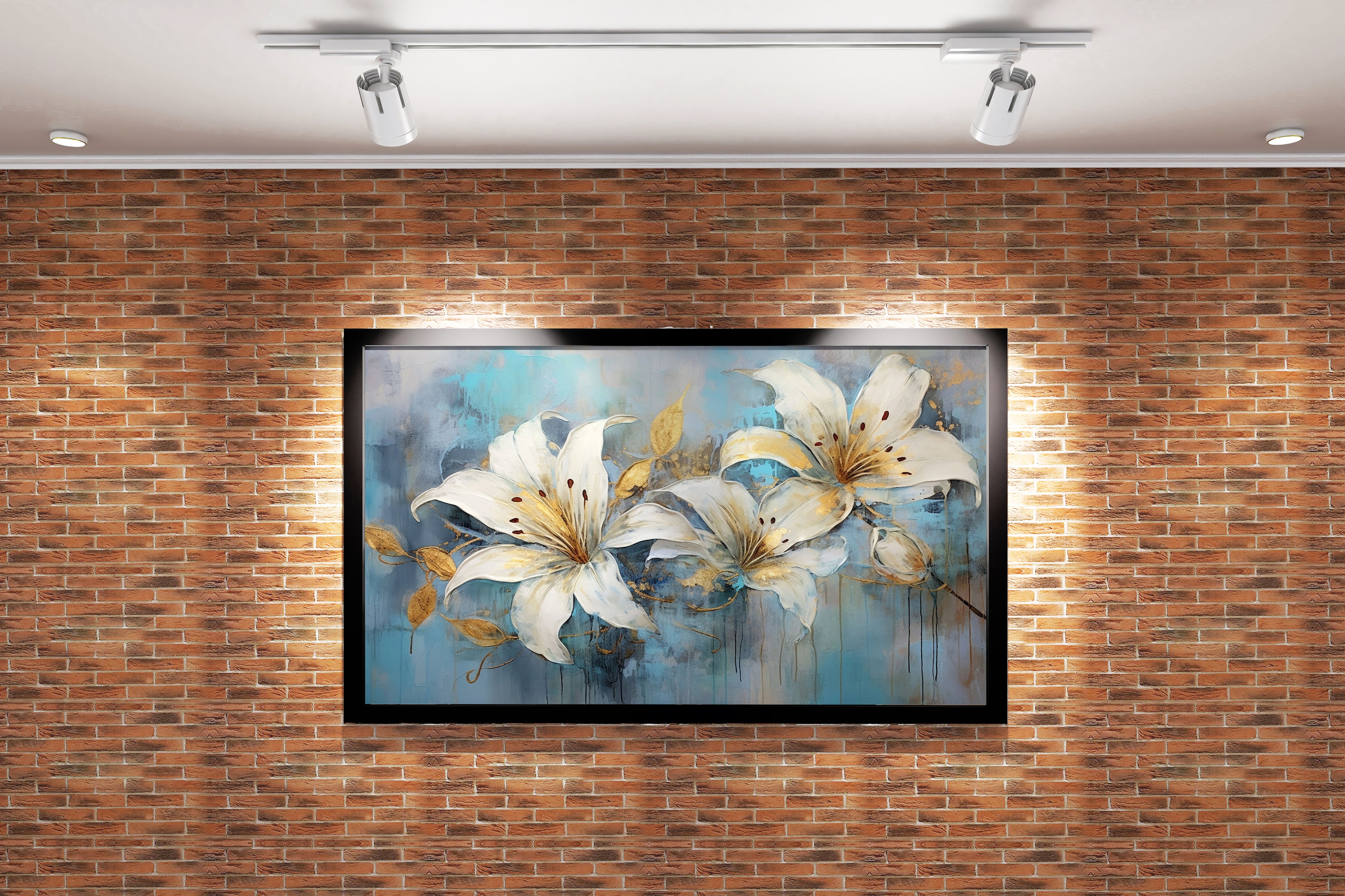 white lilies with gold leaf accents against a textured, dripping blue background, flower motif, art, kanvas tablo