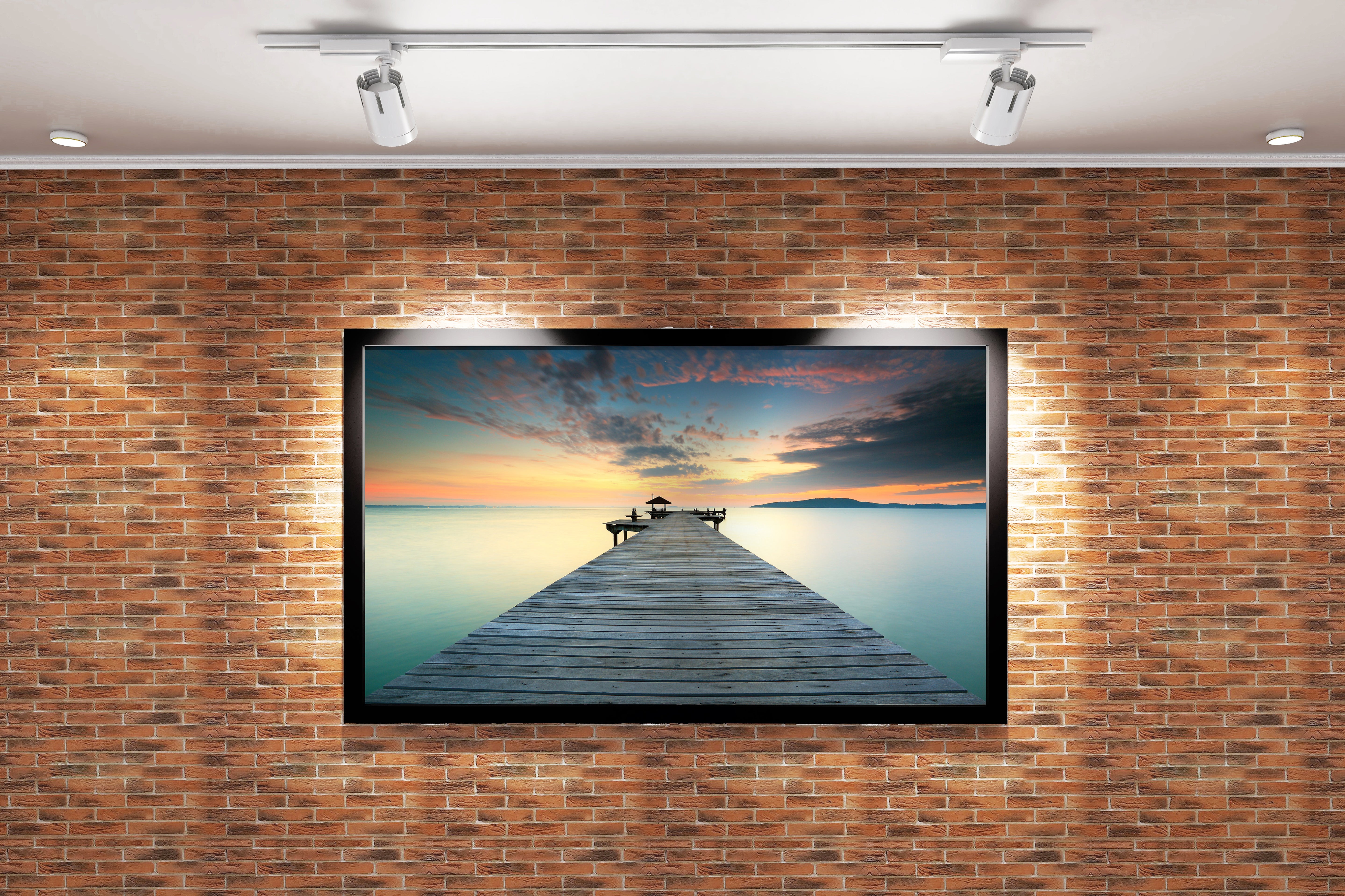 a serene long exposure of a wooden pier over a glassy sea at sunset, view, art, kanvas tablo