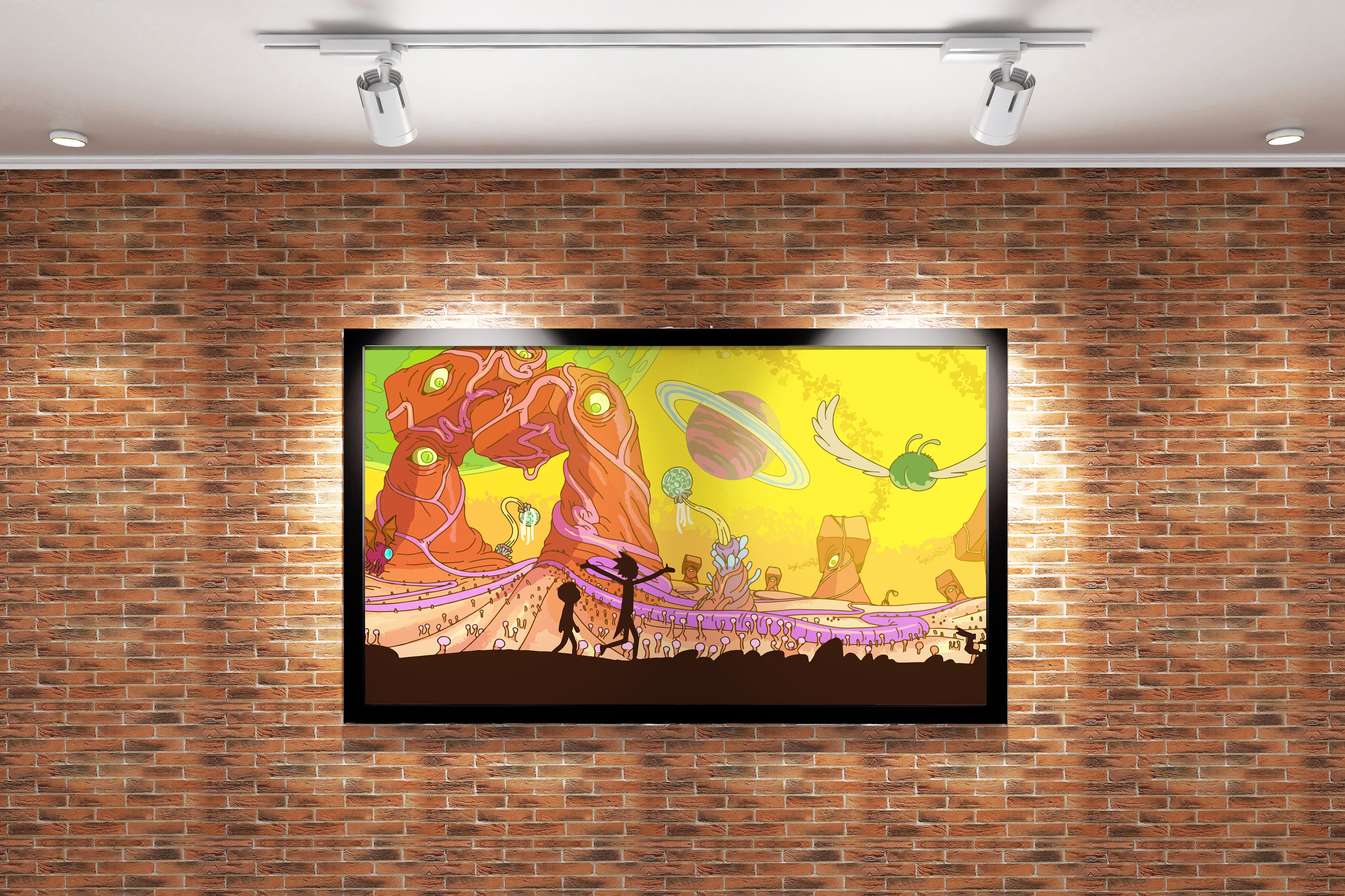 silhouettes of rick and morty exploring a vibrant, psychedelic alien world, anime, art, kanvas tablo