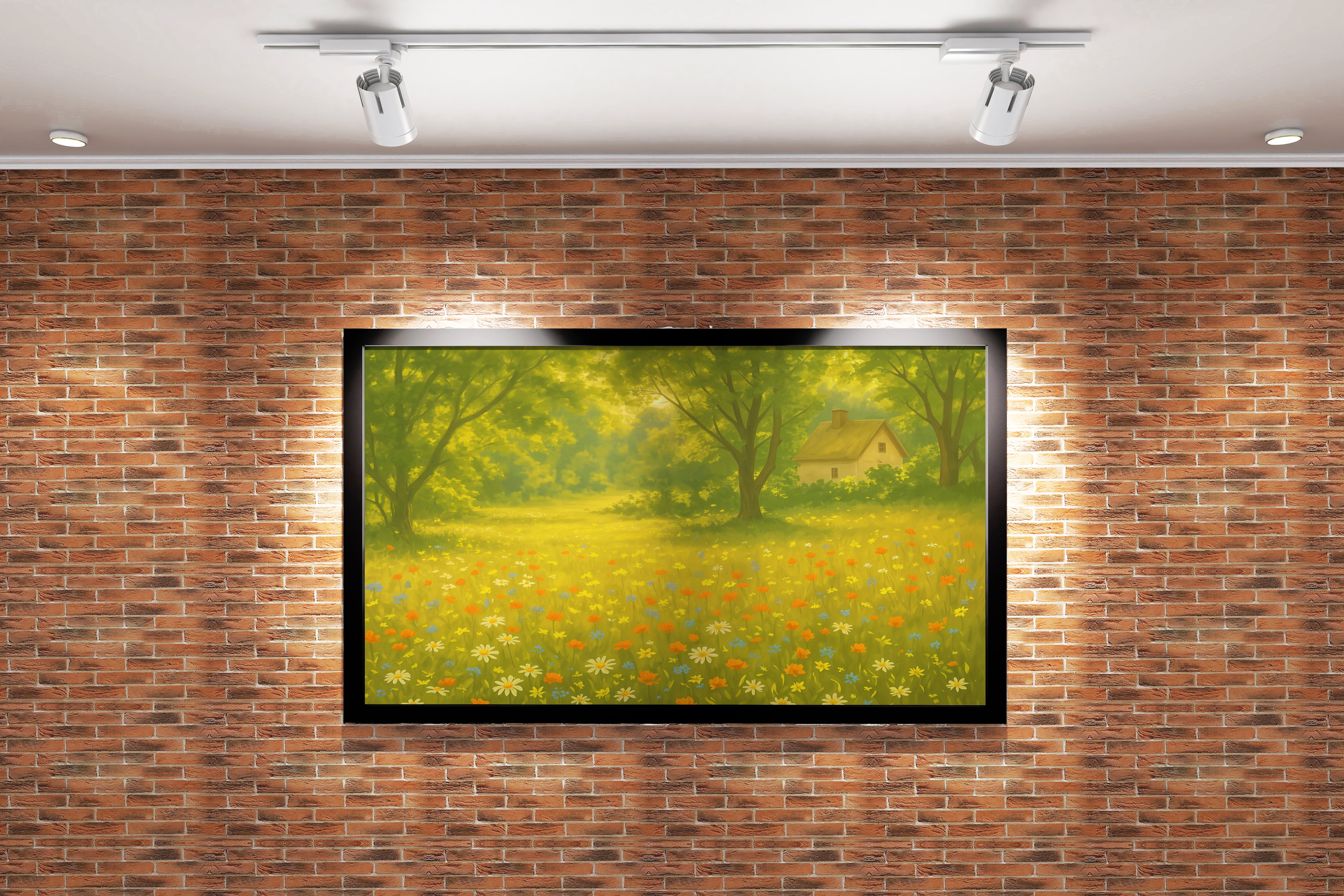 forest and small hut with flower view, view, art, kanvas tablo