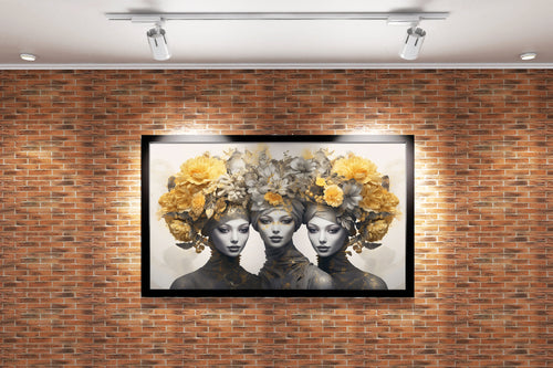 three elegant women with elaborate headdresses of yellow and grey flowers, flower motif, art, kanvas tablo