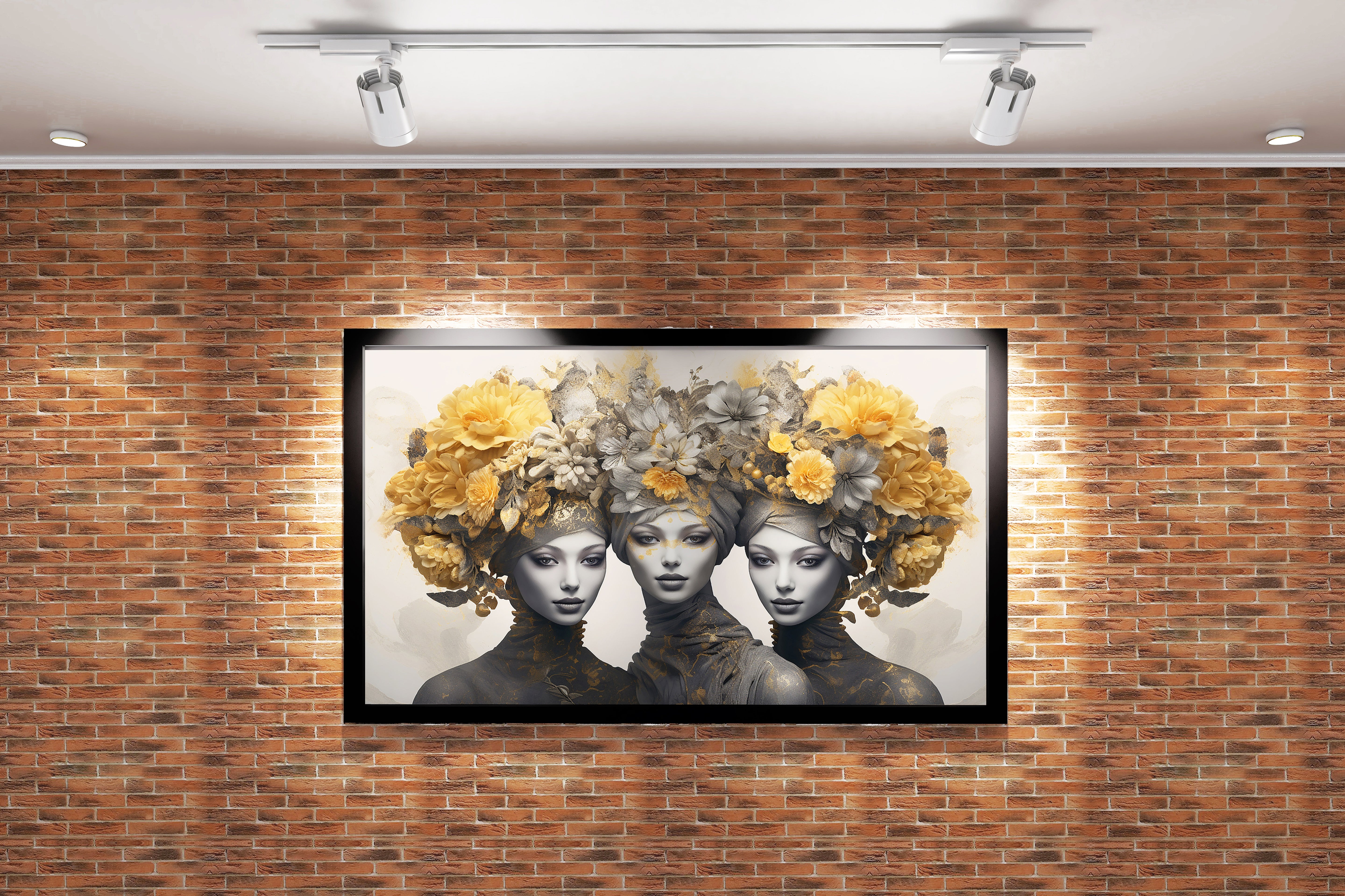 three elegant women with elaborate headdresses of yellow and grey flowers, flower motif, art, kanvas tablo