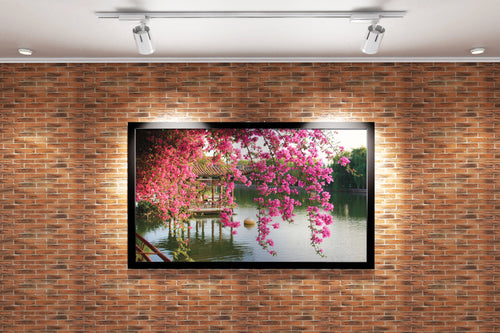 a peaceful lakeside pagoda seen through a curtain of hanging pink flowers, view, art, kanvas tablo