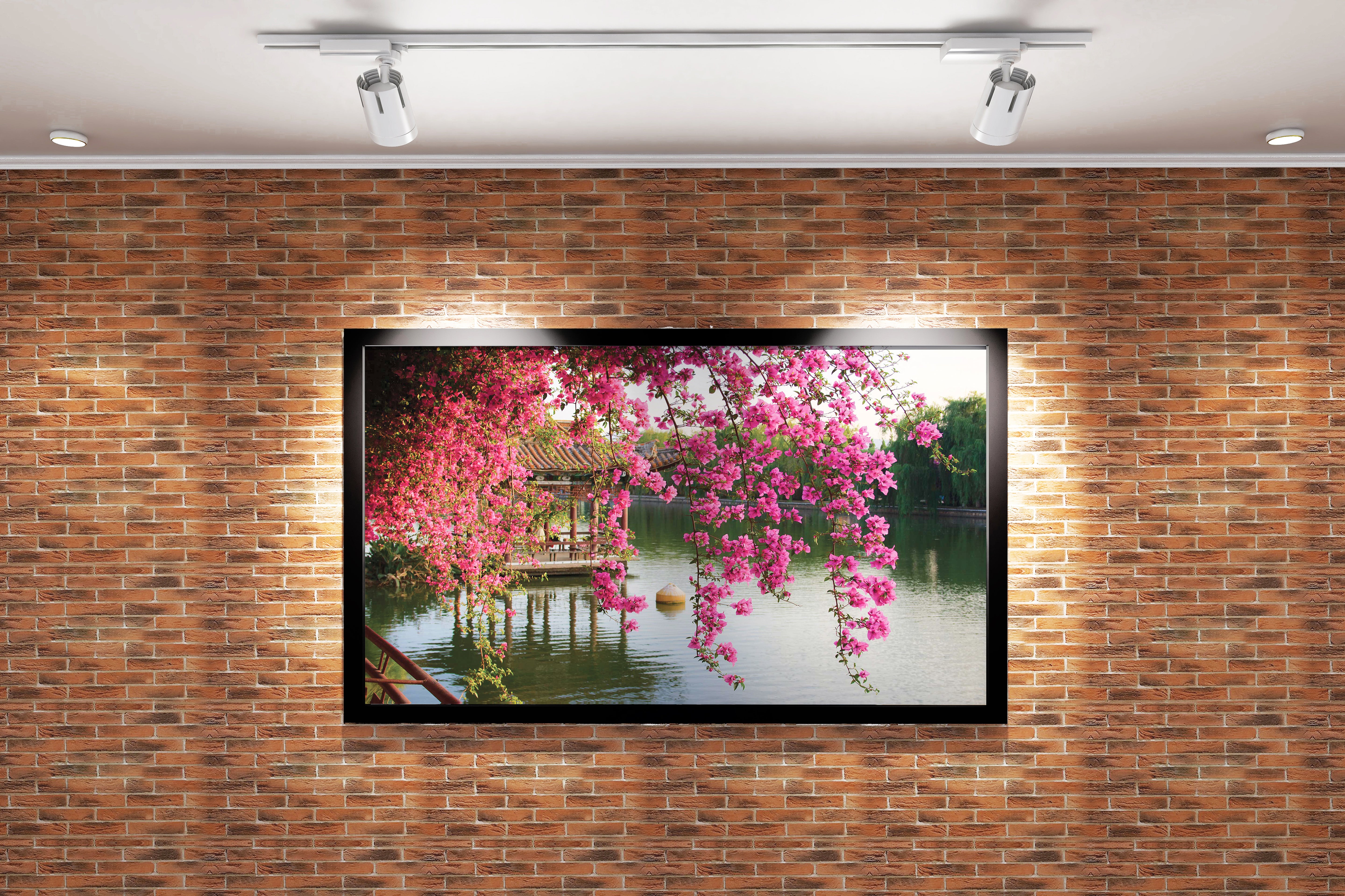 a peaceful lakeside pagoda seen through a curtain of hanging pink flowers, view, art, kanvas tablo