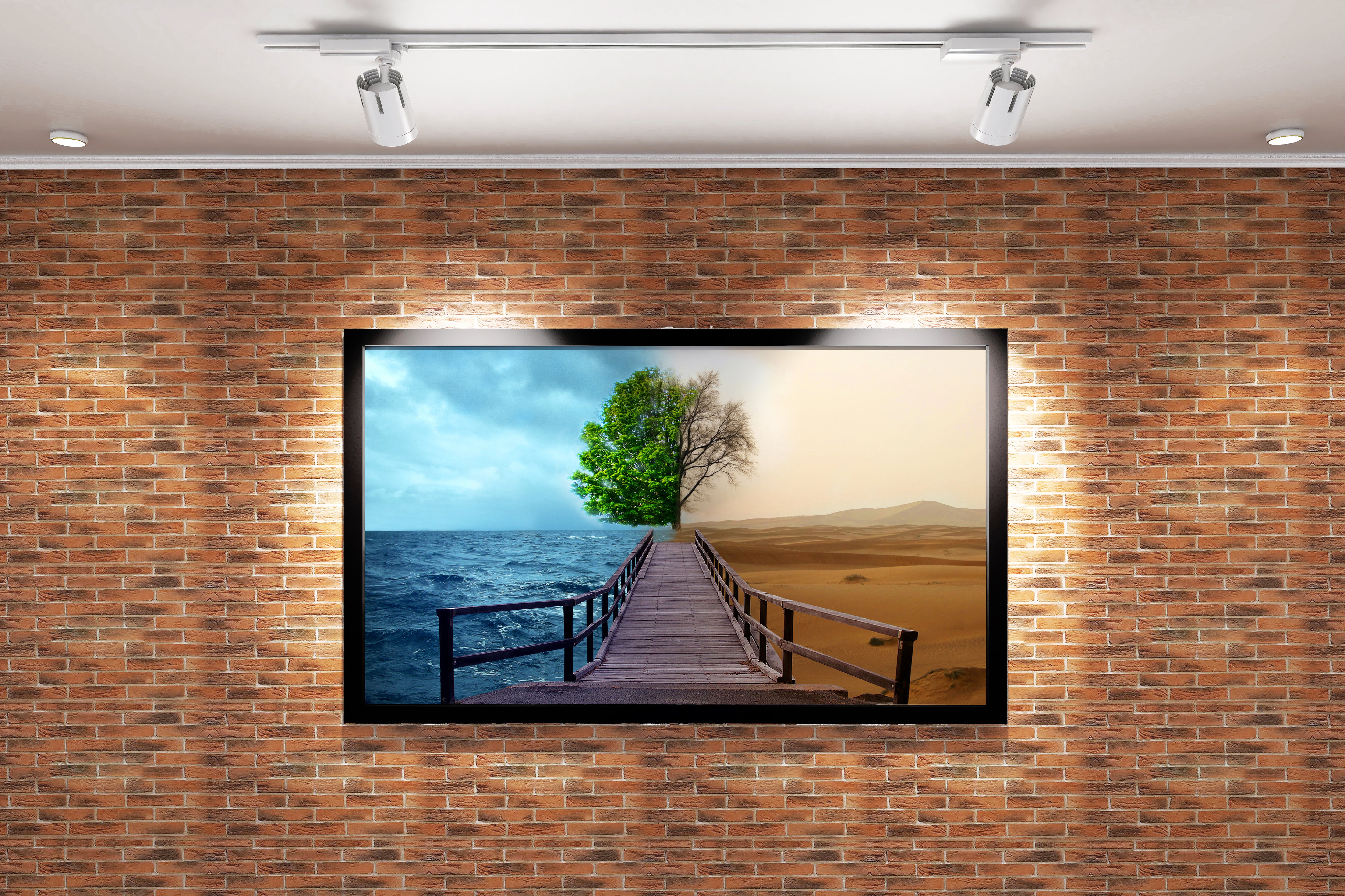 a pier to a split tree, one side lush ocean, one side barren desert, view, art, kanvas tablo