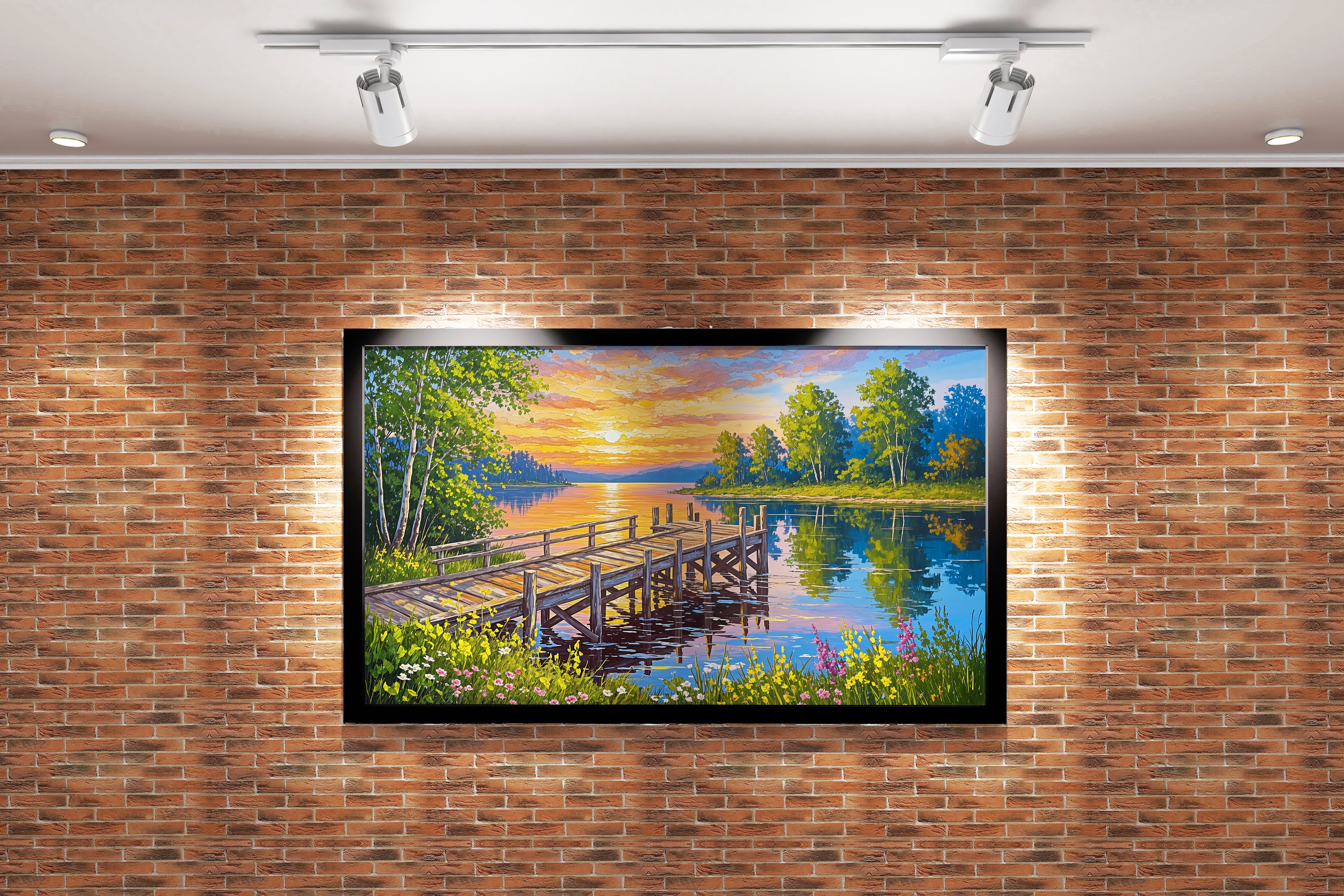 pier and nature view by the river with colorful flowers model 4, view, ai art, art, kanvas tablo