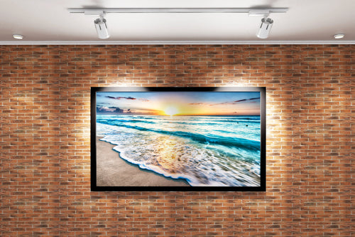 a serene beach at sunrise with turquoise waves and a golden sun reflection, view, art, kanvas tablo