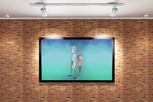 rick and morty standing together under a beautiful, serene starry night sky, anime, art, kanvas tablo