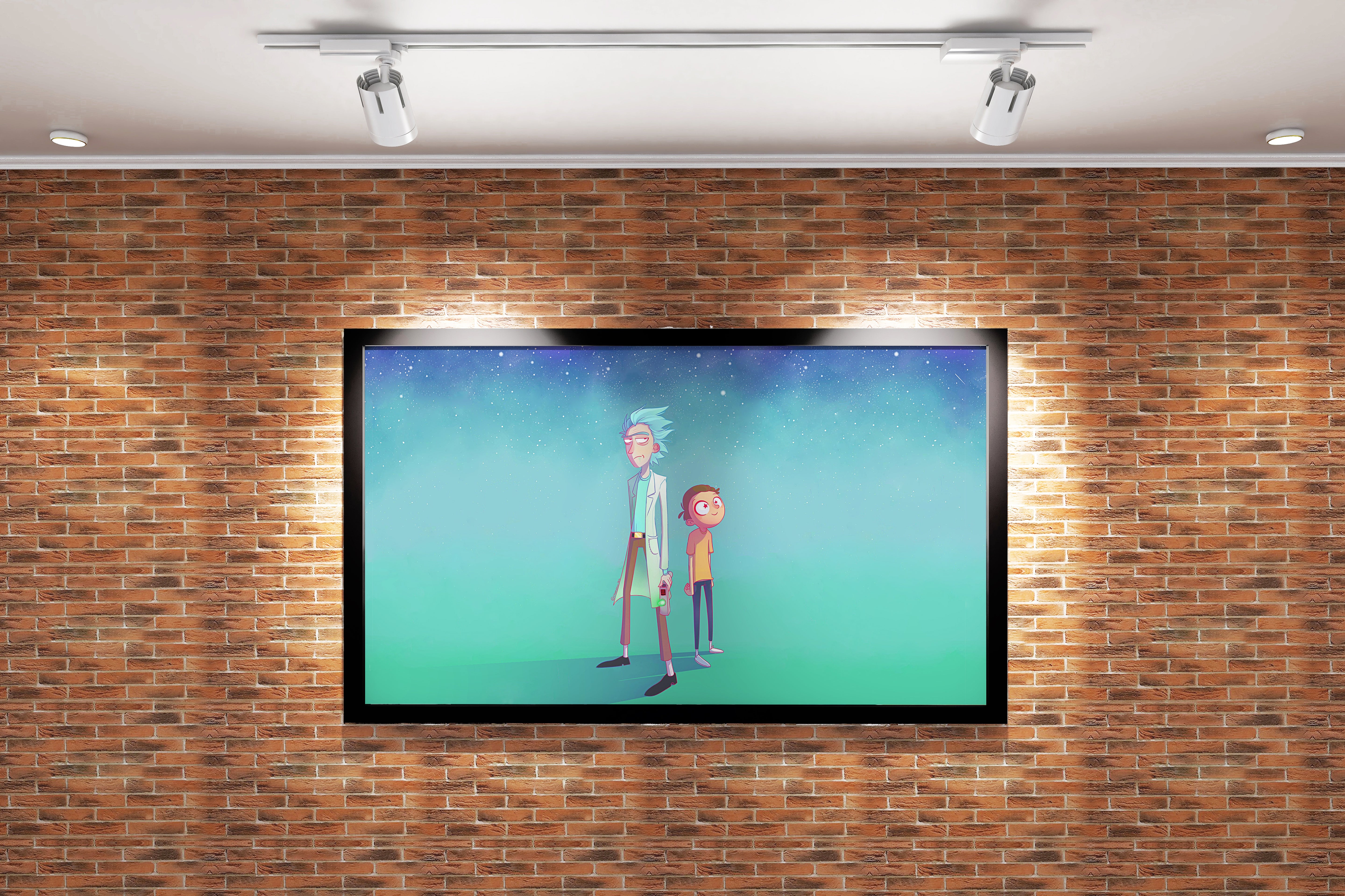 rick and morty standing together under a beautiful, serene starry night sky, anime, art, kanvas tablo