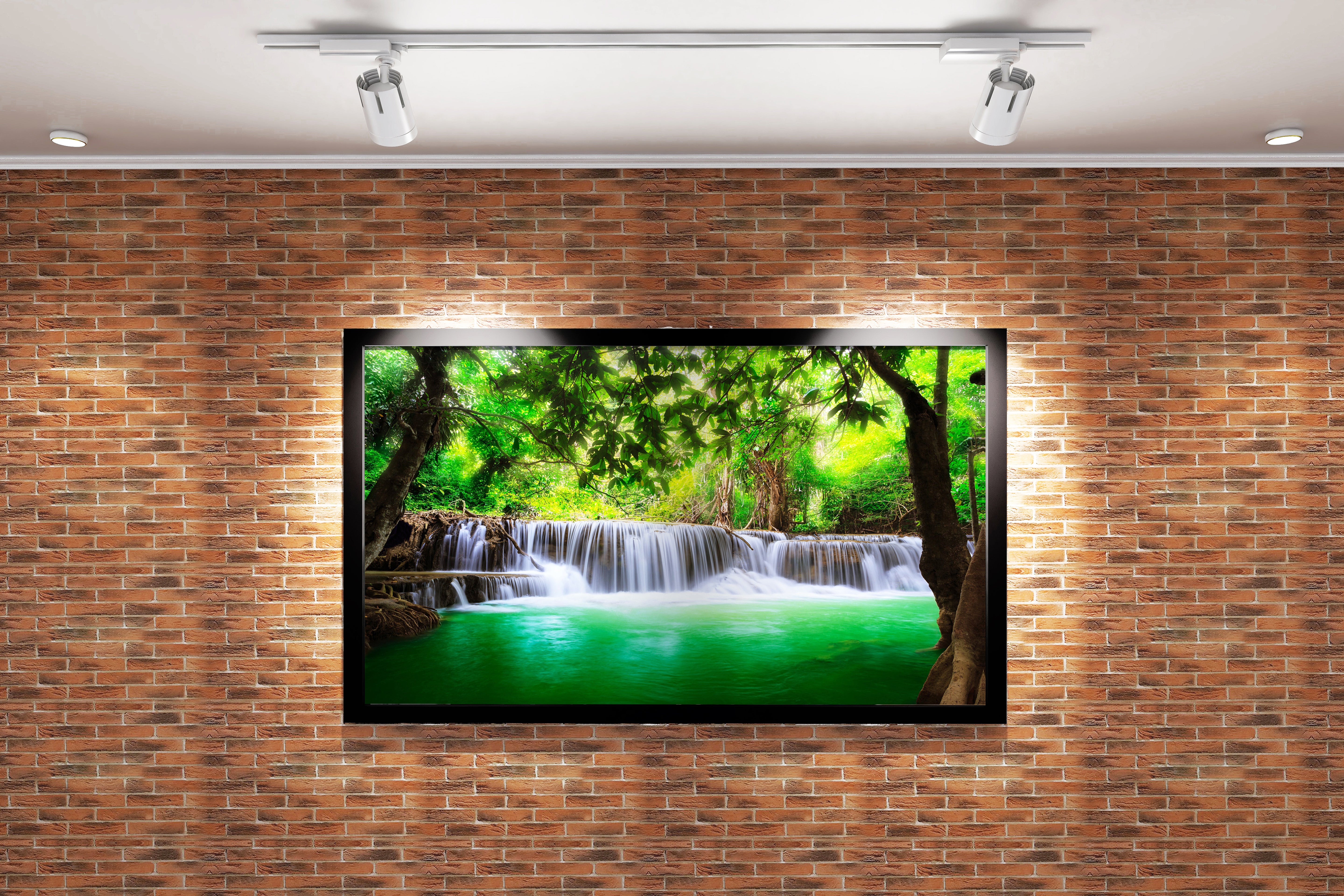a silky, cascading waterfall in a lush jungle with an emerald green pool, view, art, kanvas tablo