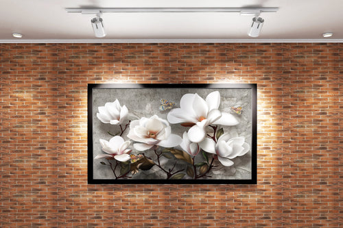 a 3d render of white magnolias and butterflies on a grey textured concrete wall, flower motif, art, kanvas tablo