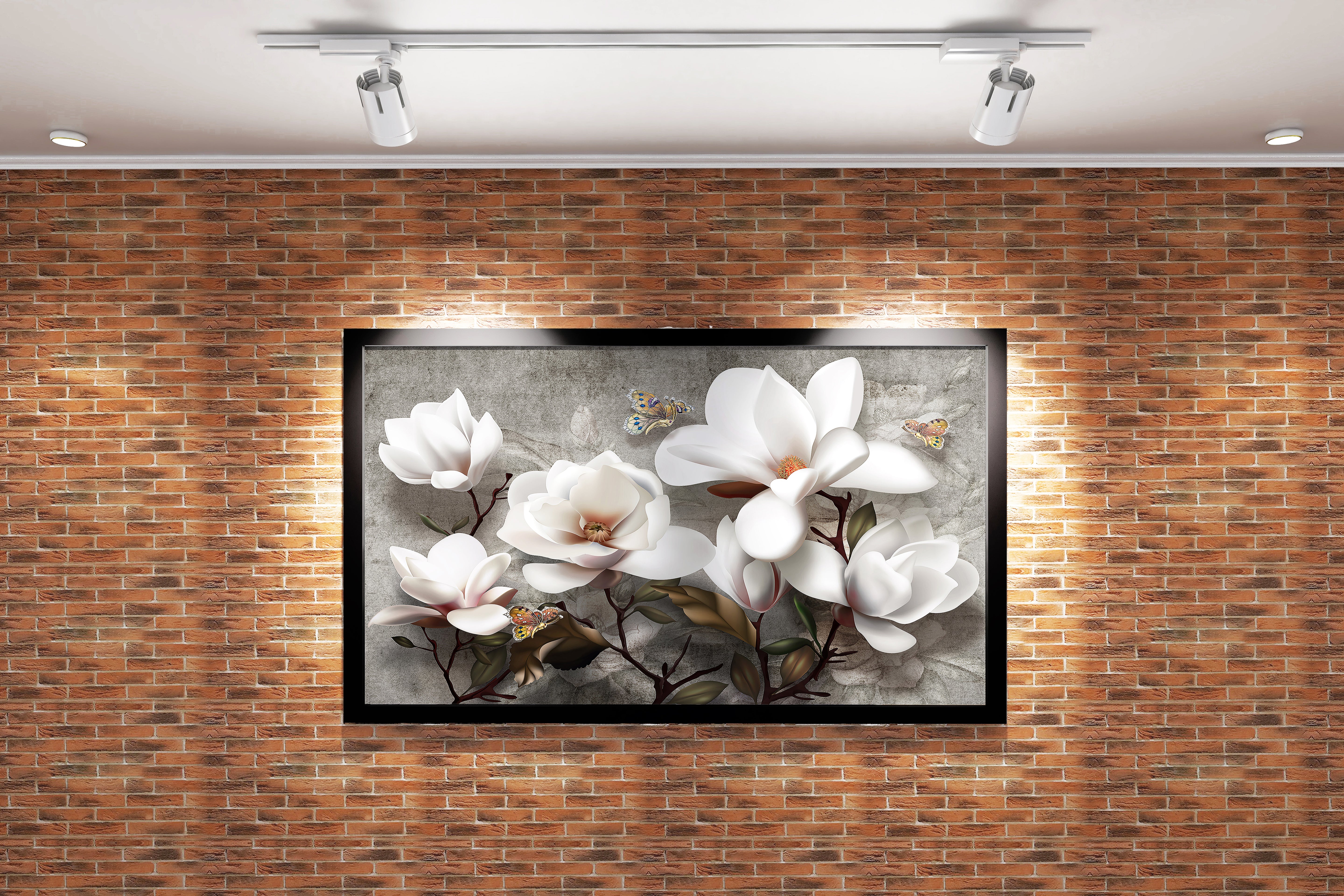 a 3d render of white magnolias and butterflies on a grey textured concrete wall, flower motif, art, kanvas tablo