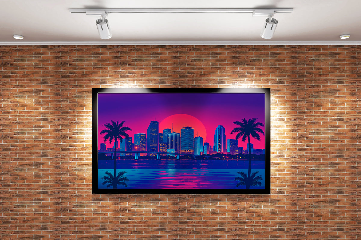 ai creation, sunset in a retrowave and cyberpunk looking city, ai art, art, kanvas tablo