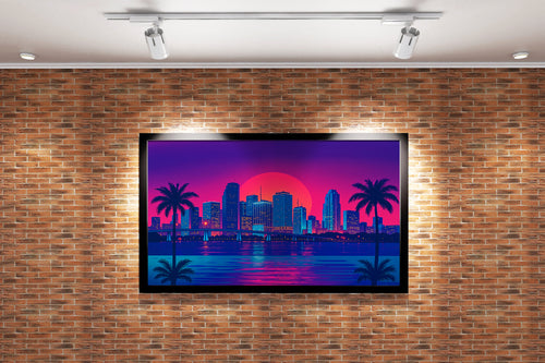 ai creation, sunset in a retrowave and cyberpunk looking city, ai art, art, kanvas tablo