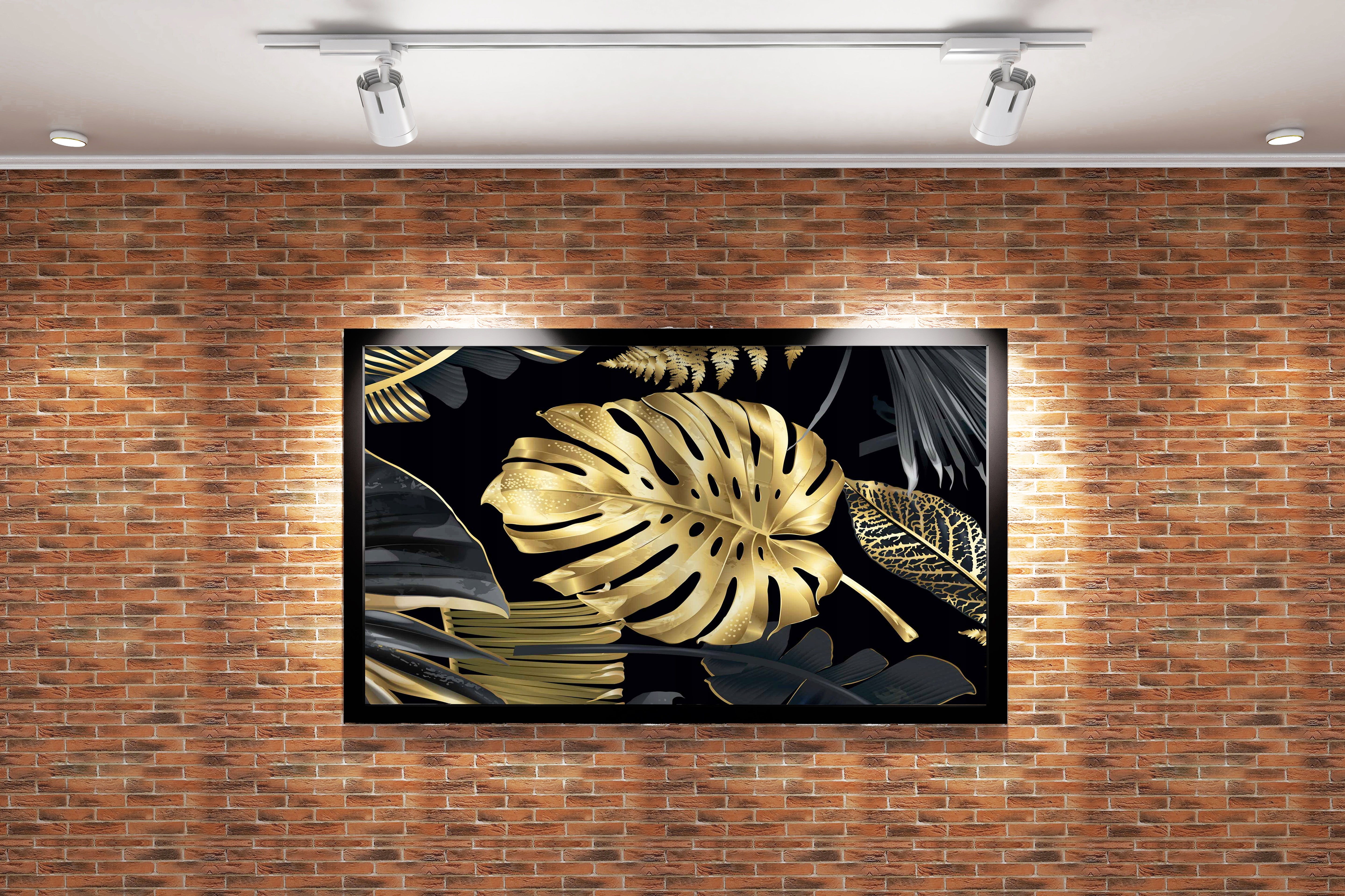a luxurious pattern of metallic gold and black tropical leaves on a black background, flower motif, art, kanvas tablo