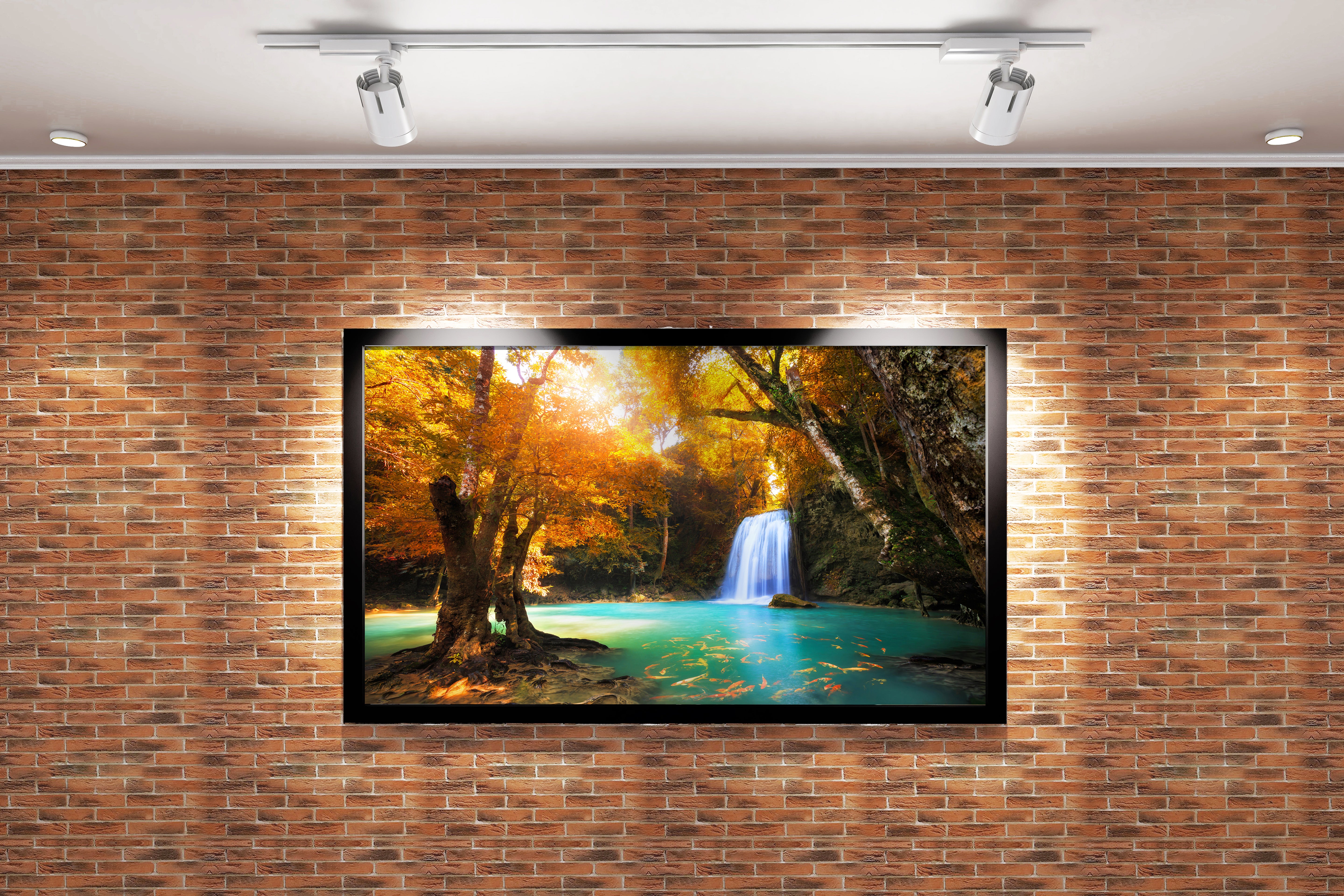 a magical waterfall in a golden autumn forest with fish in turquoise water, view, art, kanvas tablo
