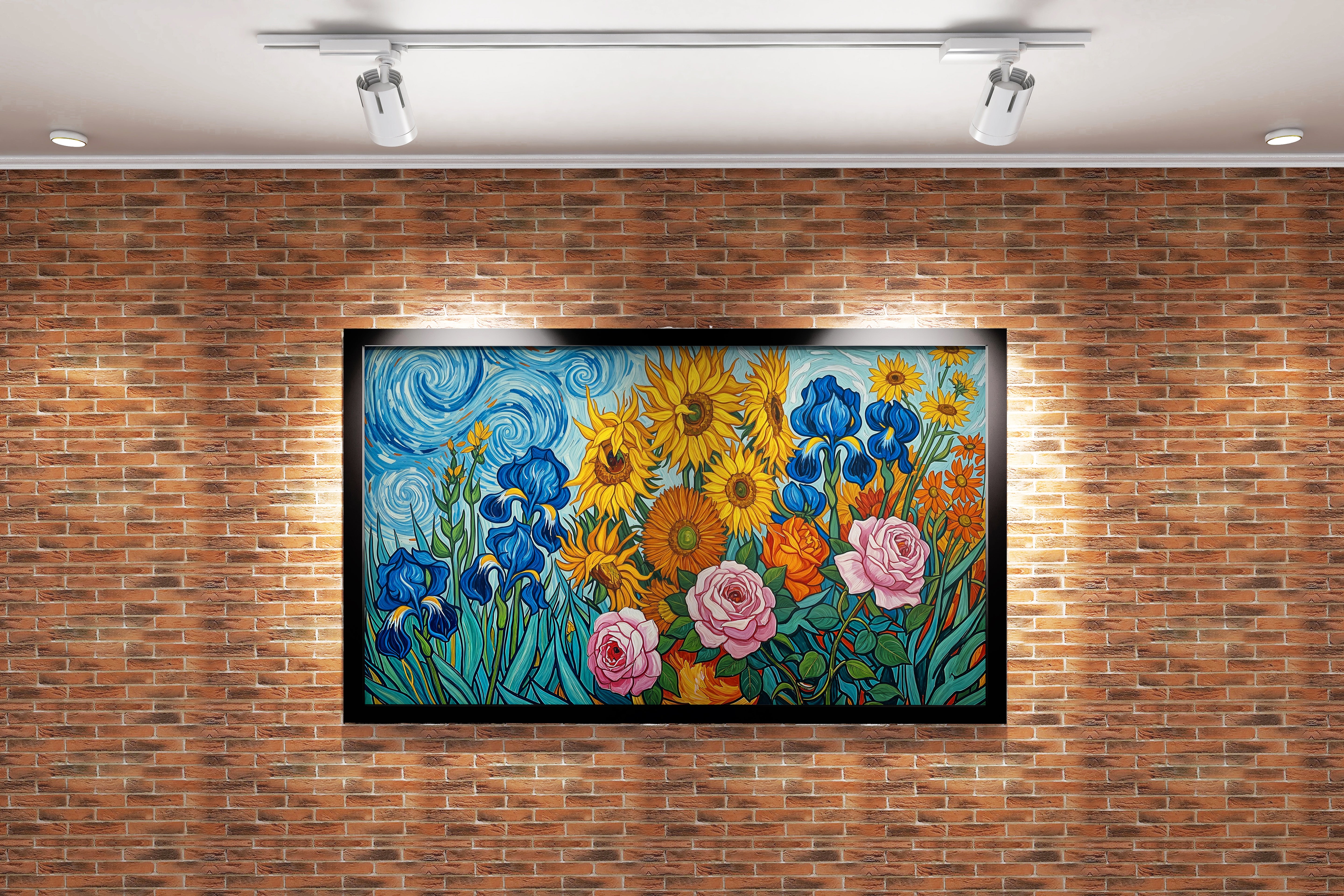 flower motif, sunflower/roses/irises in van gogh style, art, kanvas tablo