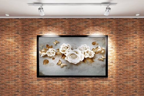 a modern wallpaper design of 3d roses and metallic brown butterflies, flower motif, art, kanvas tablo