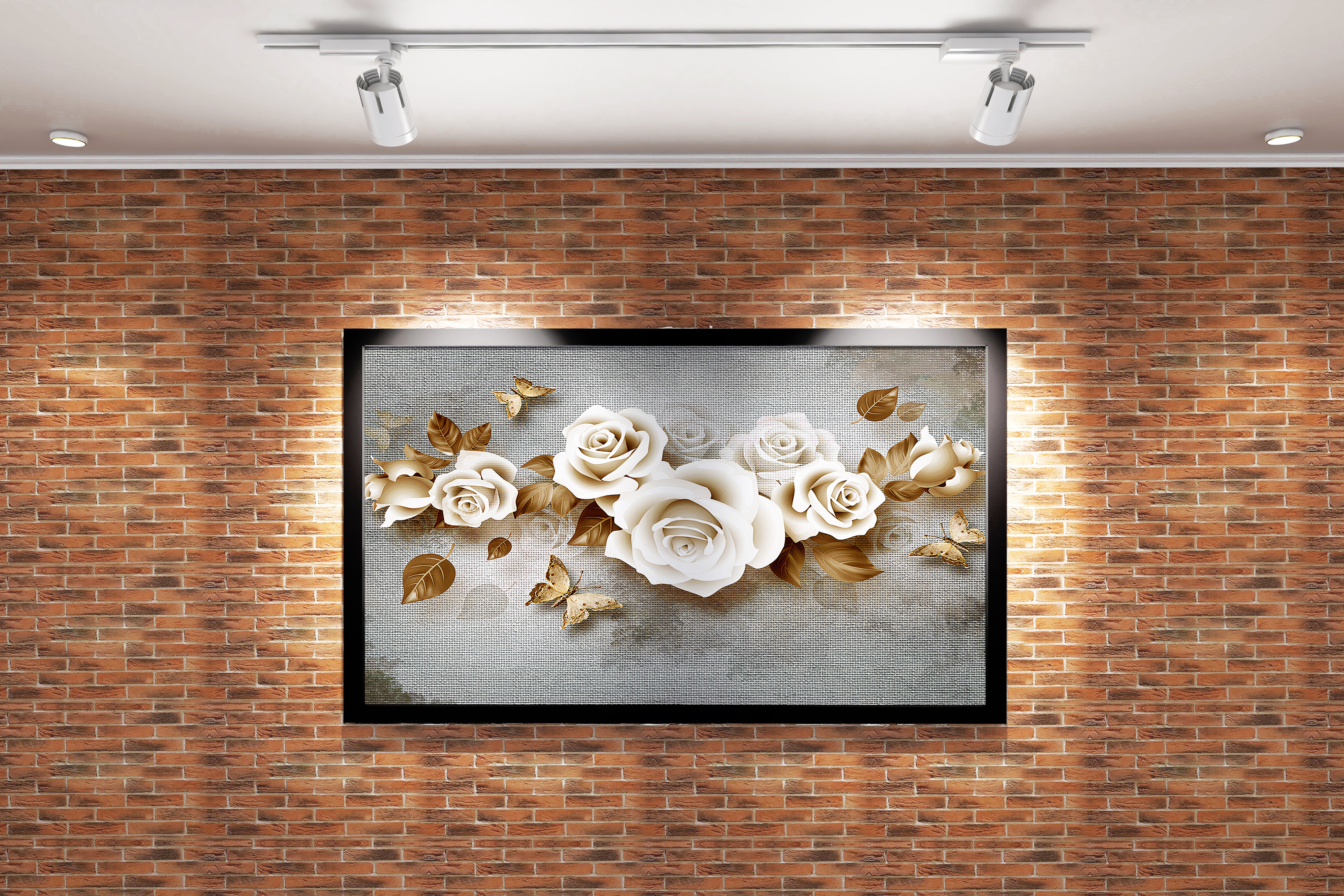 a modern wallpaper design of 3d roses and metallic brown butterflies, flower motif, art, kanvas tablo