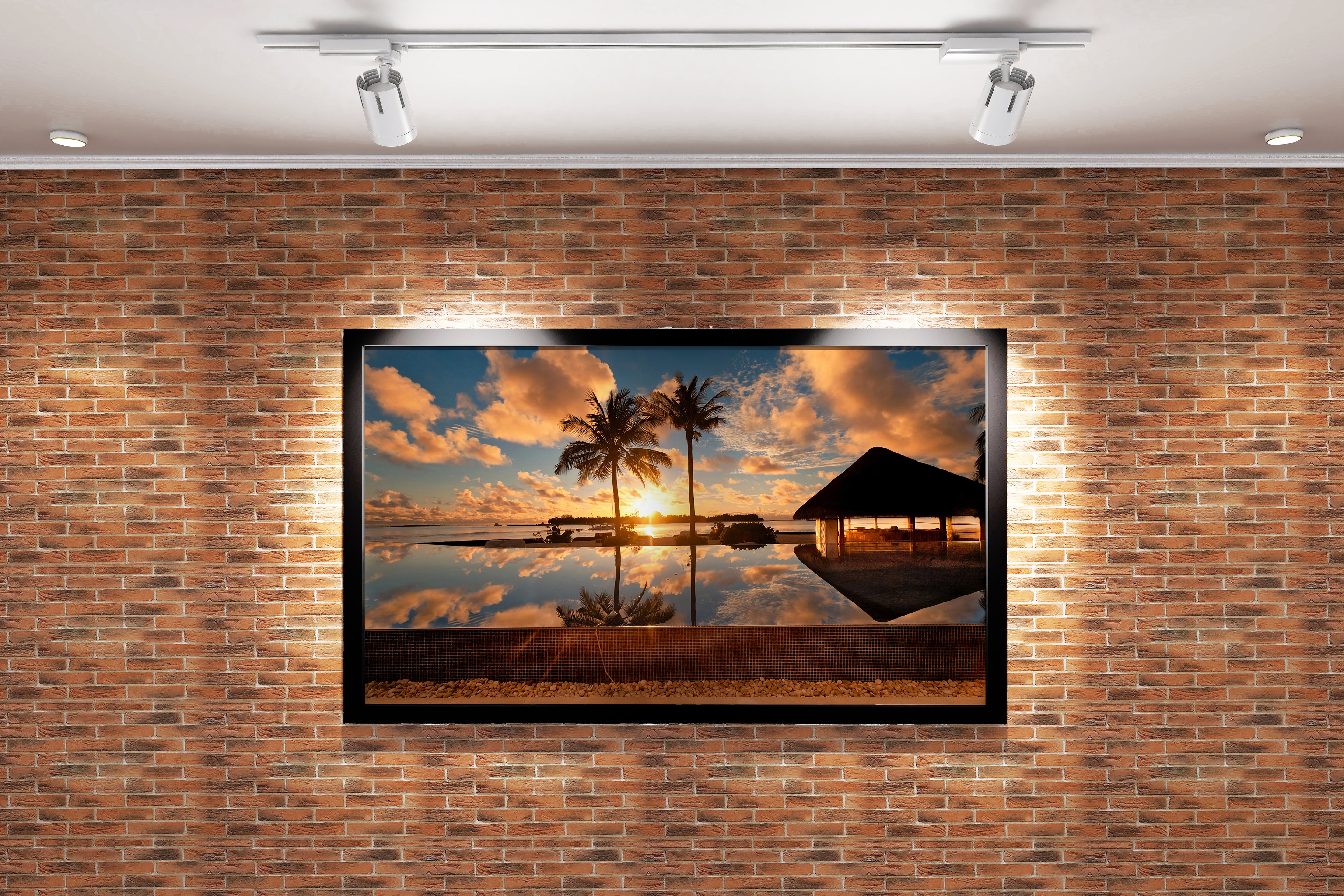 a serene infinity pool perfectly reflecting a golden sunset and two palm trees, view, art, kanvas tablo